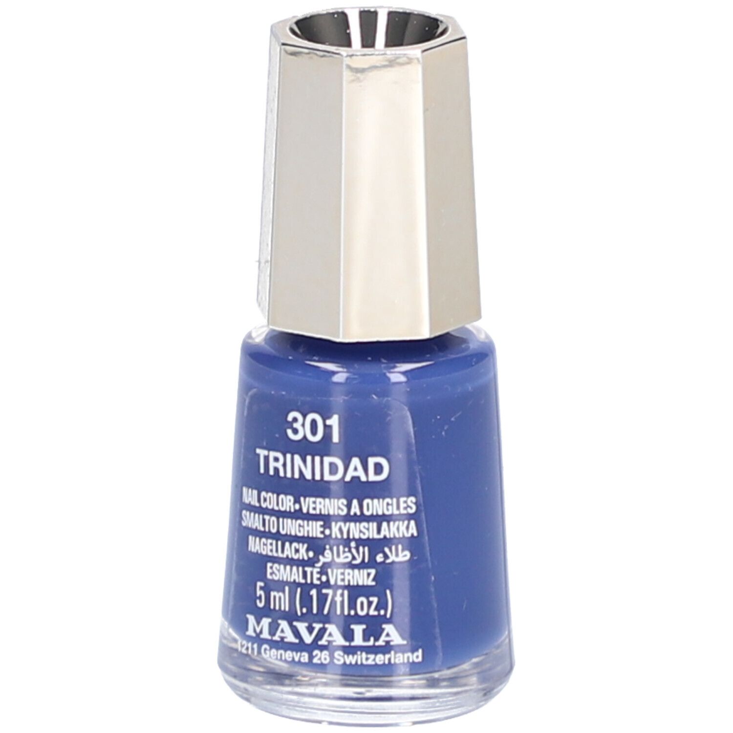Flacon de vernis à ongles bleu, bouchon argenté. Inscription: 301 Trinidad, Nail Color, 5 ml, Mavala.