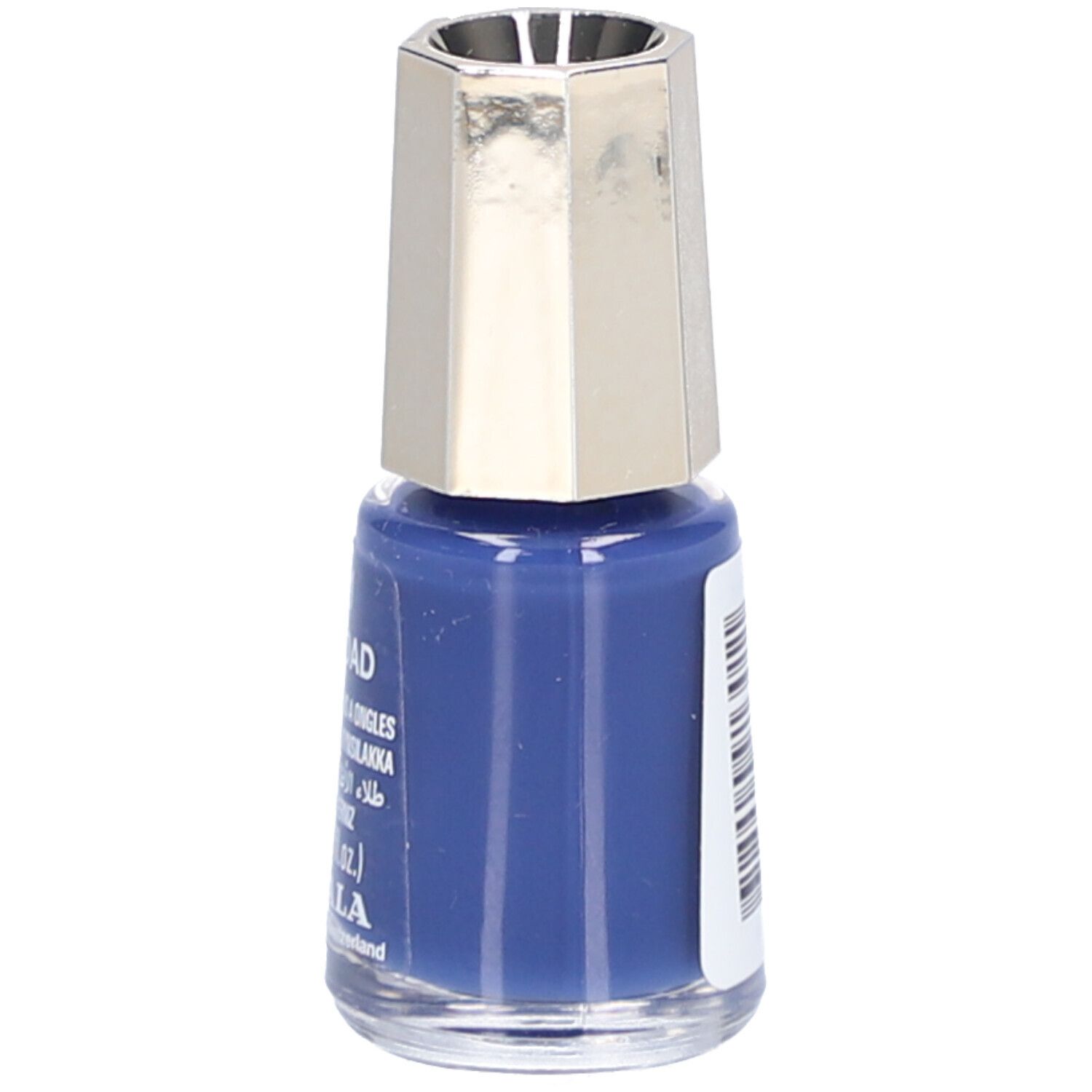 Flacon de vernis à ongles bleu, bouchon argenté. Inscription: Mavala.