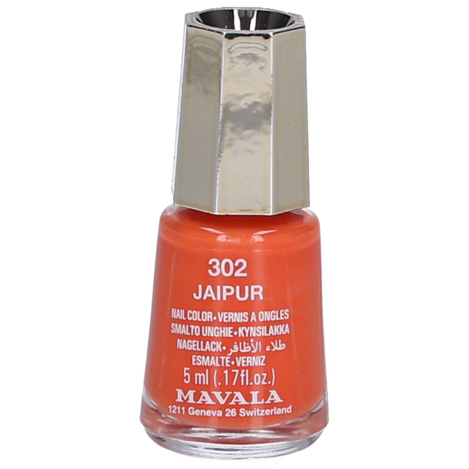 Oranje nagellakflesje met zilverkleurige dop. Opschrift: 302 Jaipur, nagellak, 5 ml, Mavala.
