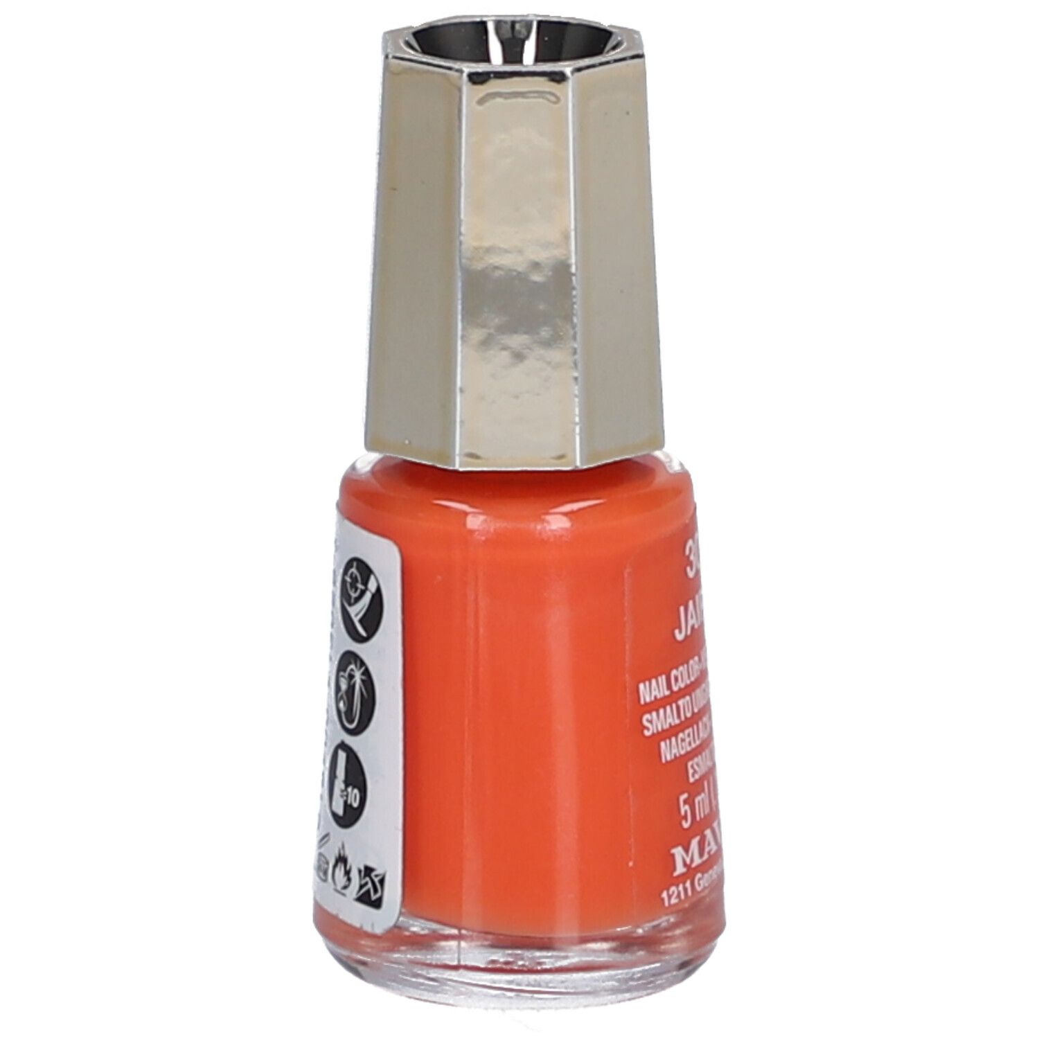 Oranje nagellakflesje met zilverkleurige dop. Symbolen en tekst op de zijkant.