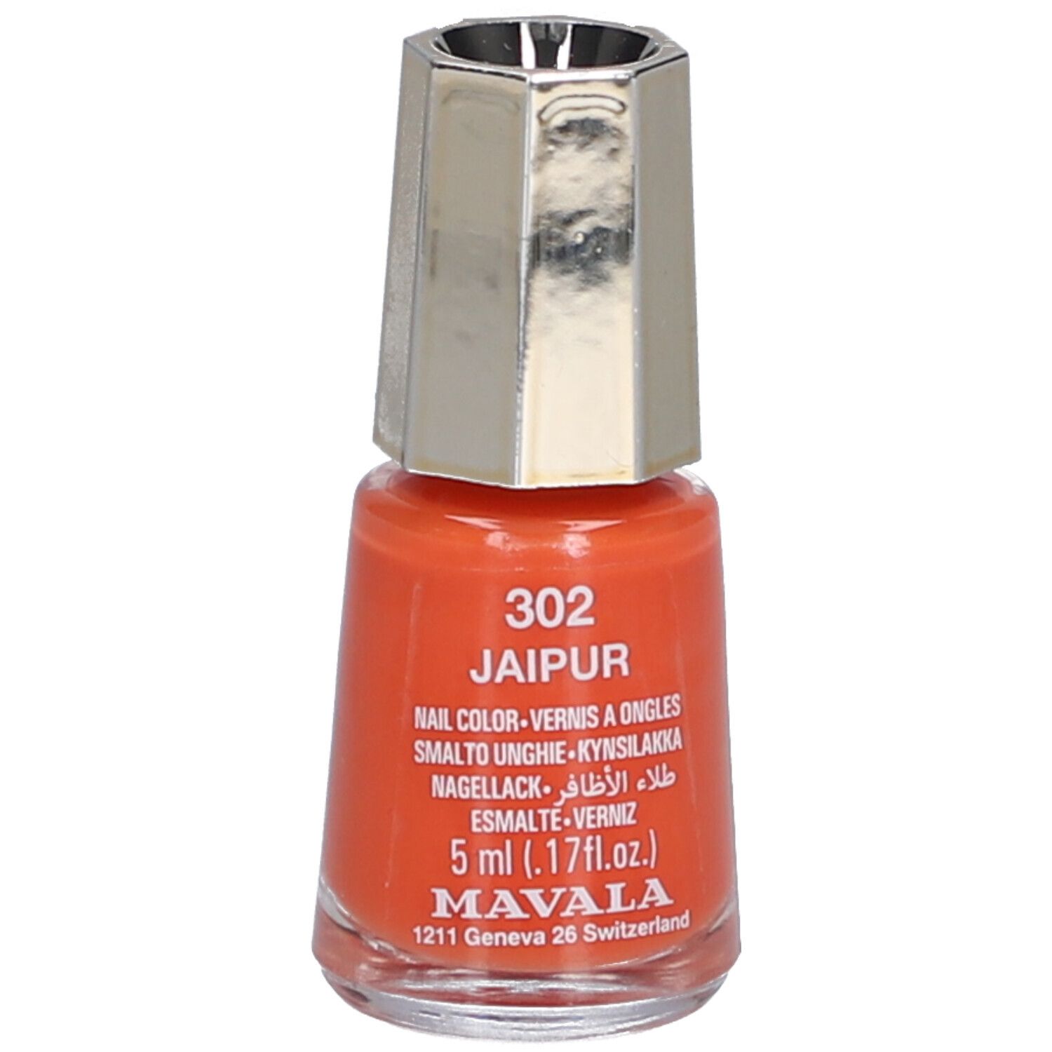 Oranje nagellakflesje met zilverkleurige dop. Opschrift: 302 Jaipur, nagellak, 5 ml, Mavala.