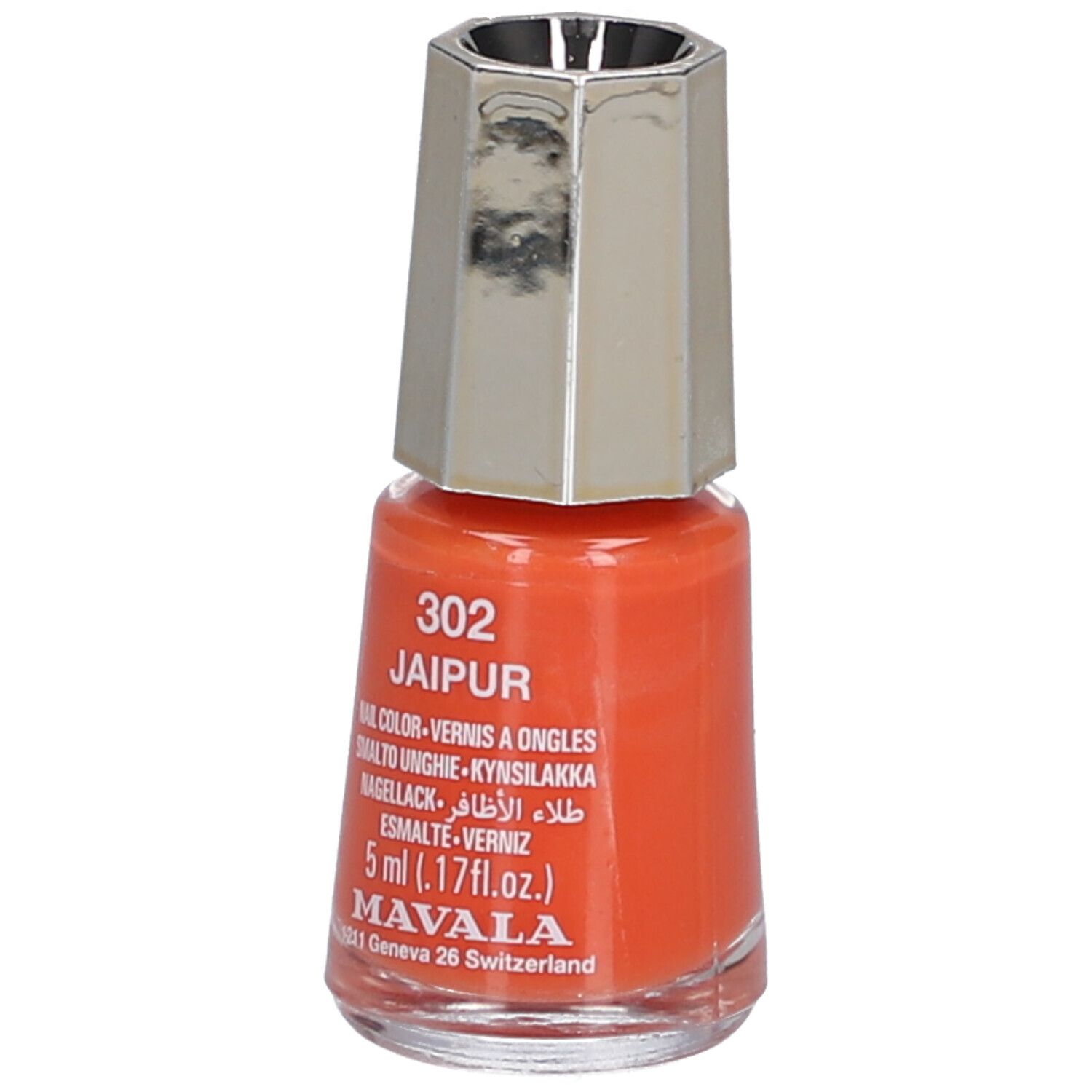 Oranje nagellakflesje met zilverkleurige dop. Opschrift: 302 Jaipur, nagellak, 5 ml, Mavala.