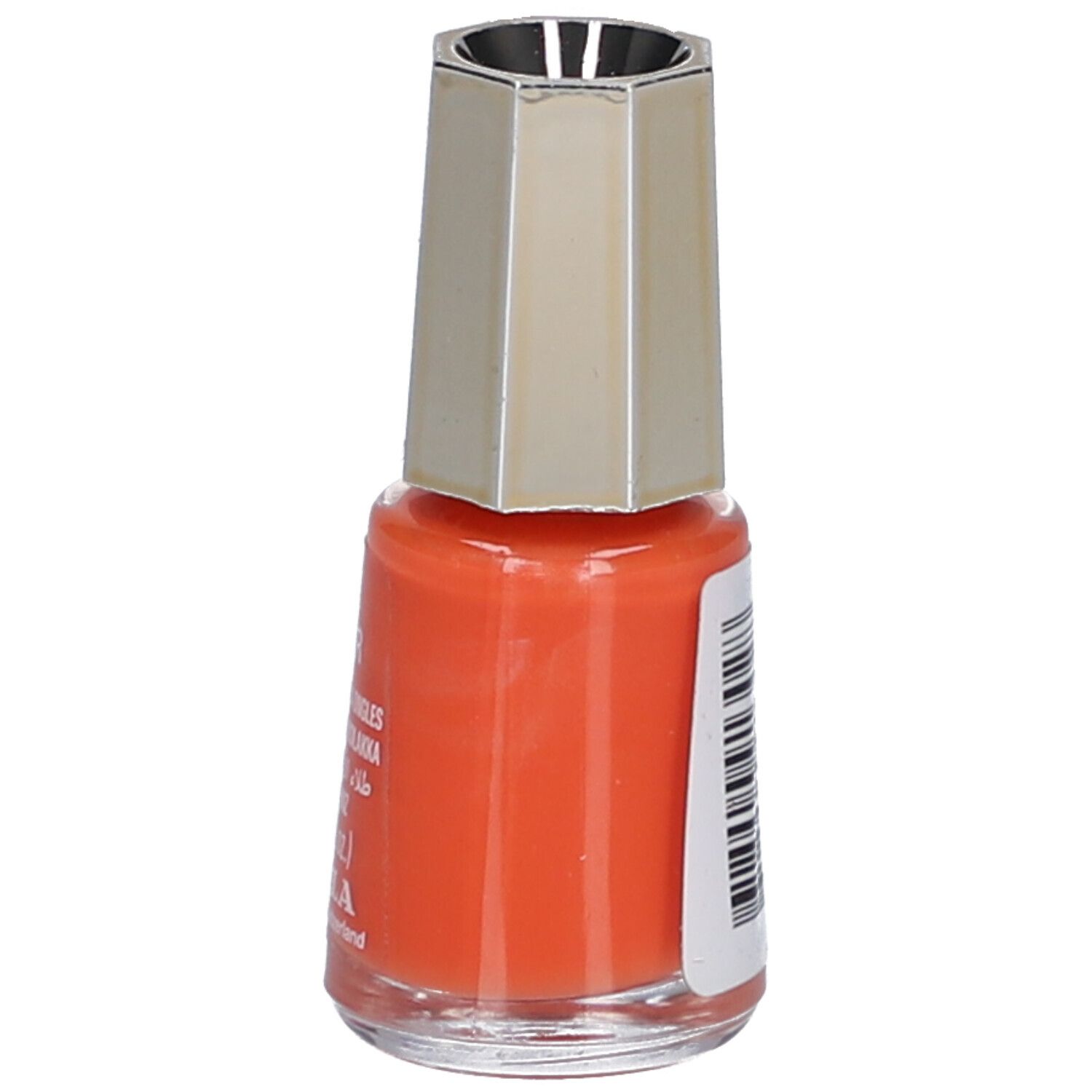 Oranje nagellakflesje met zilverkleurige dop. Tekst op de zijkant.