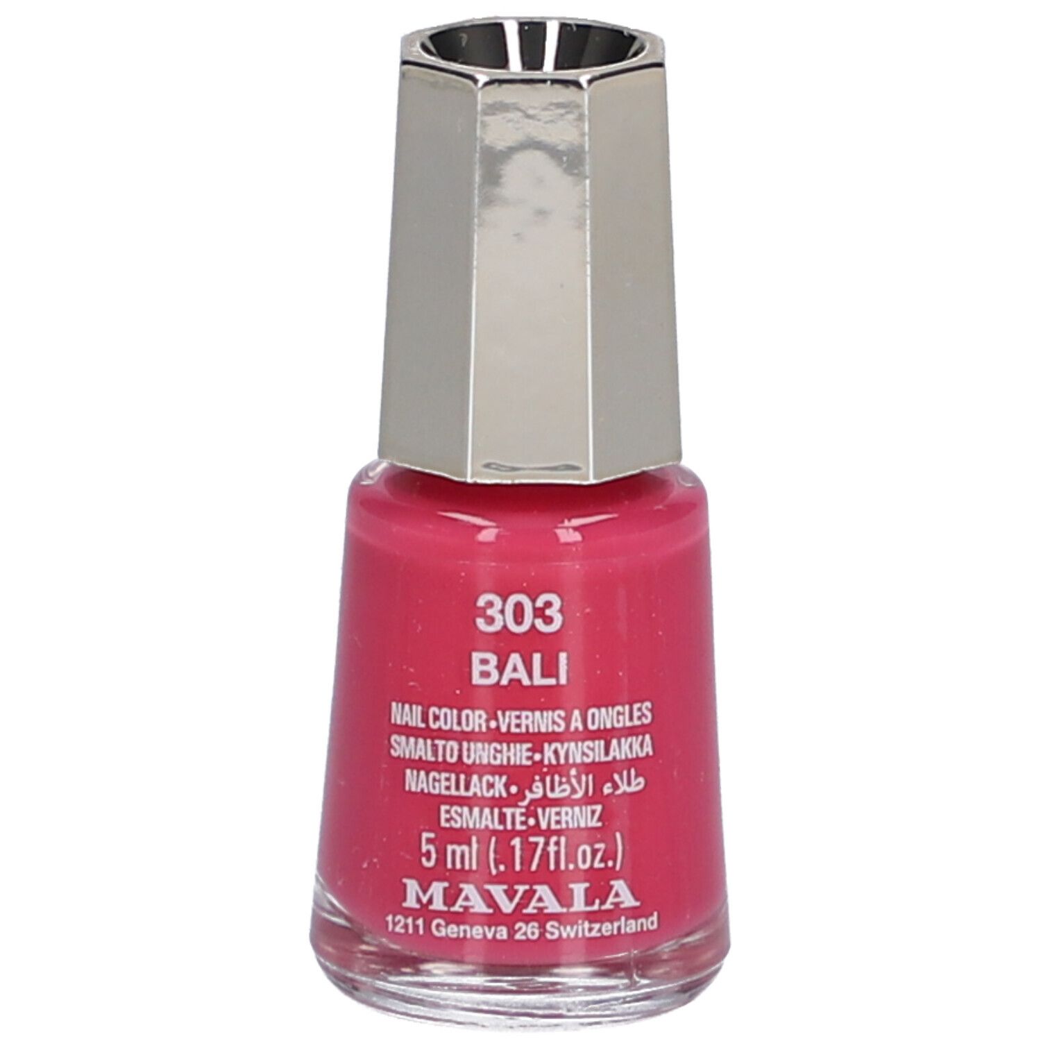 Flacon de vernis à ongles rose. Bouchon argenté. Inscription : 303 BALI, Nail Color, 5 ml, MAVALA.