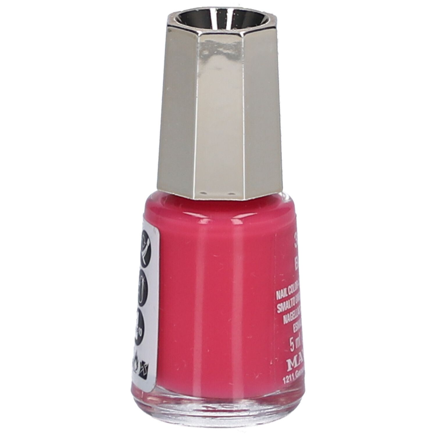 Flacon de vernis à ongles rose. Bouchon argenté. Inscription : Nail Color, 5 ml, MAVALA.