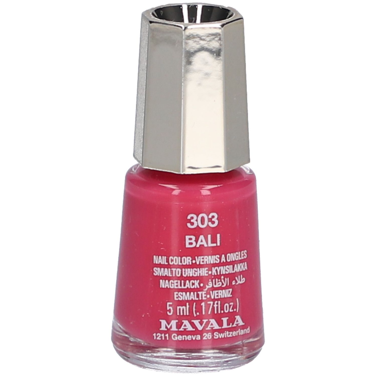 Flacon de vernis à ongles rose. Bouchon argenté. Inscription : 303 BALI, Nail Color, 5 ml, MAVALA.