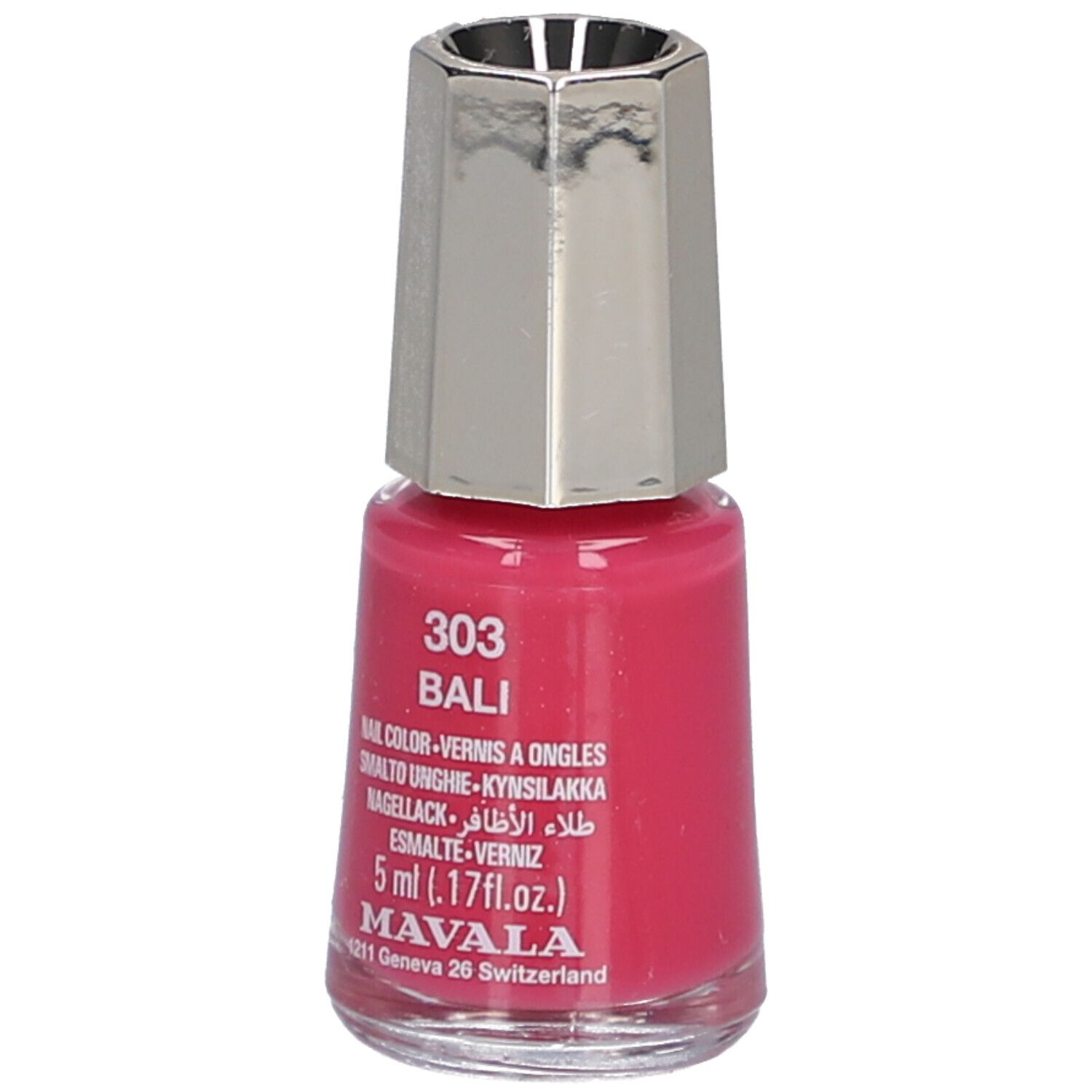 Flacon de vernis à ongles rose. Bouchon argenté. Inscription : 303 BALI, Nail Color, 5 ml, MAVALA.