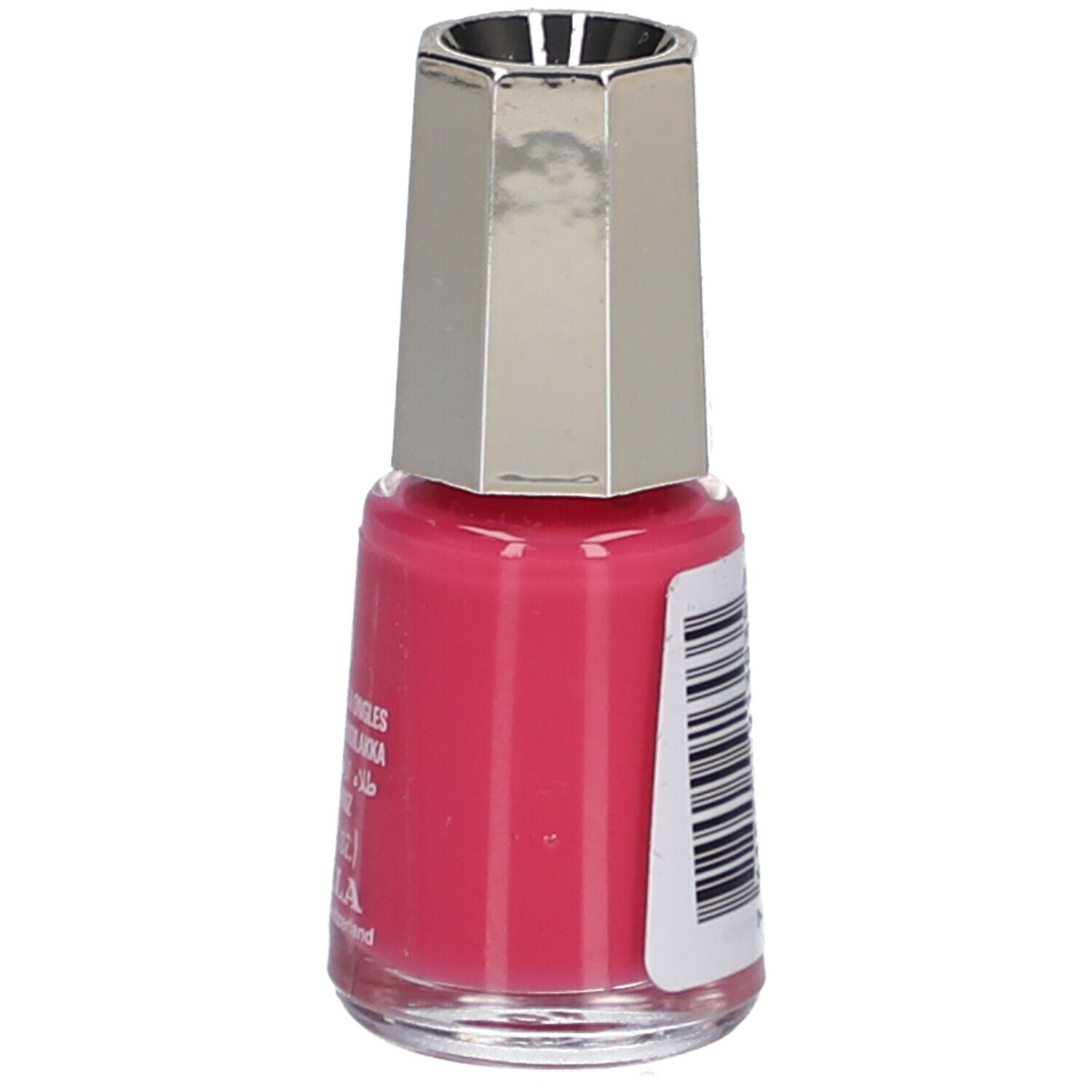 Flacon de vernis à ongles rose. Bouchon argenté. Inscription : Nail Color, 5 ml, MAVALA.