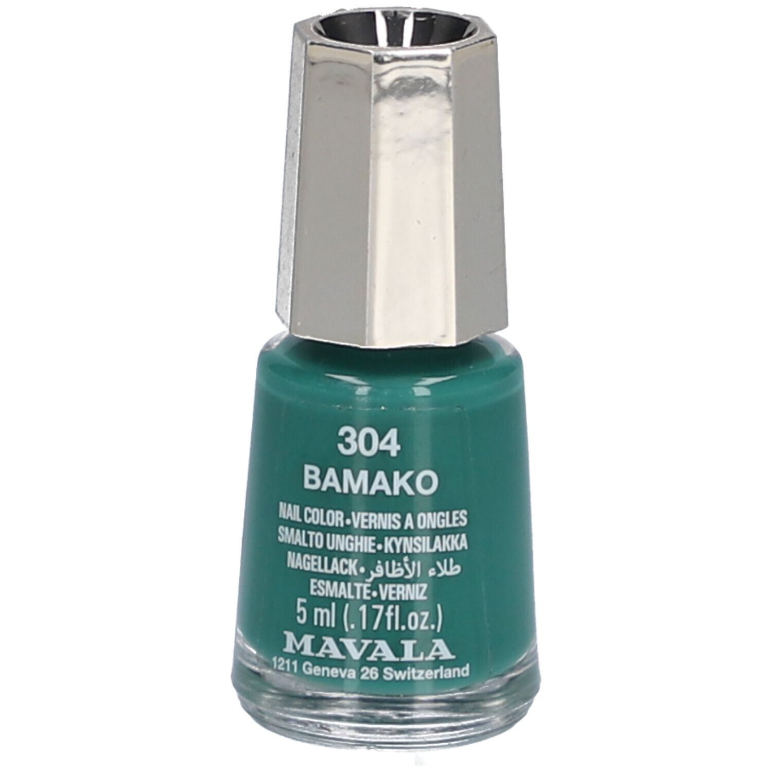 Flacon de vernis à ongles vert avec bouchon argenté. Inscription: 304 BAMAKO, vernis à ongles, 5 ml, MAVALA.
