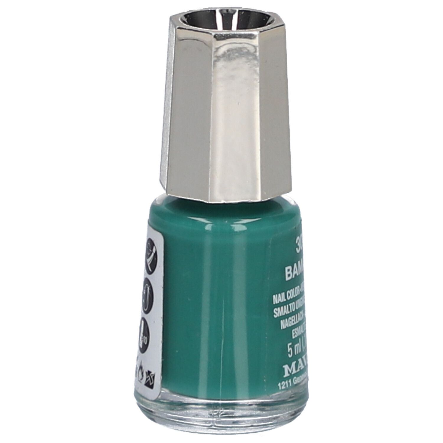 Flacon de vernis à ongles vert avec bouchon argenté. Étiquettes latérales avec informations et symboles.
