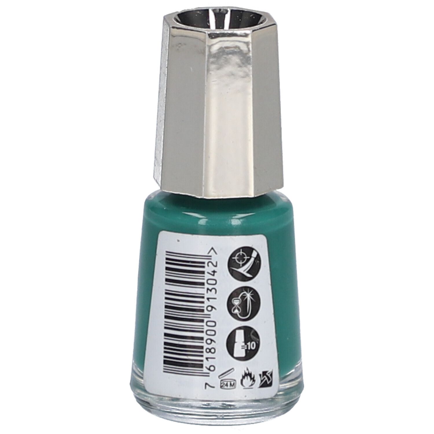 Dos d'un flacon de vernis à ongles vert avec bouchon argenté. Code-barres et symboles.