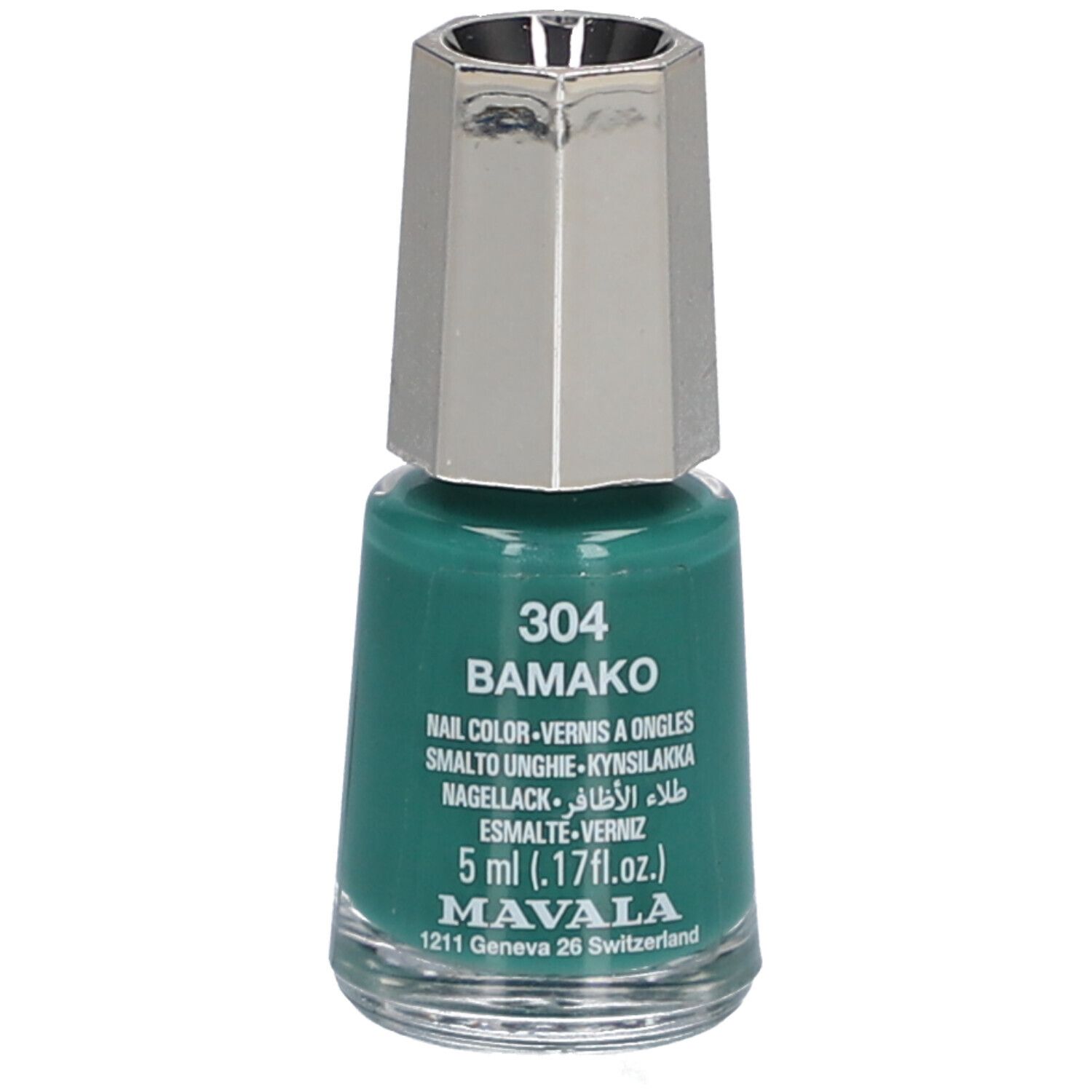 Flacon de vernis à ongles vert avec bouchon argenté. Inscription: 304 BAMAKO, vernis à ongles, 5 ml, MAVALA.