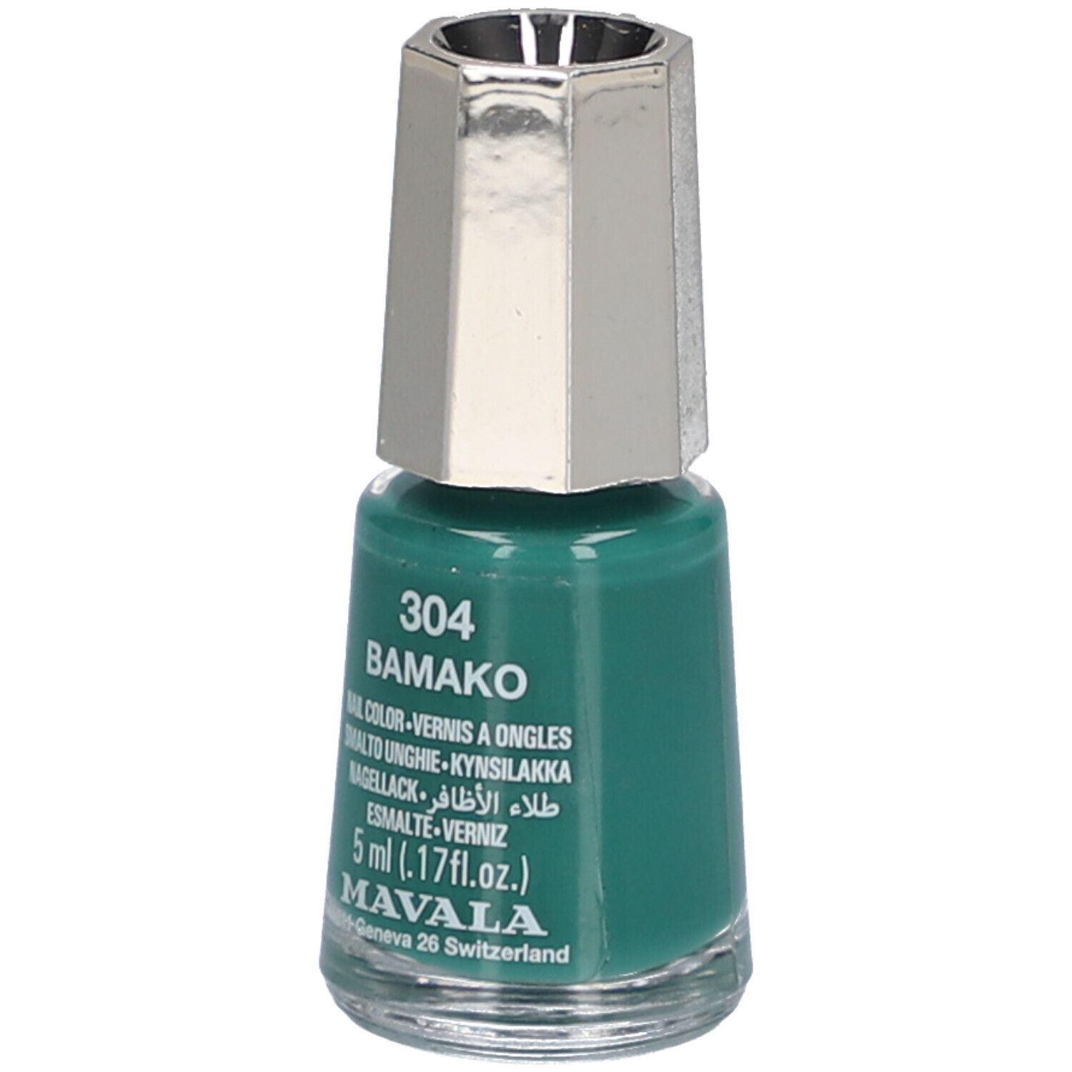 Flacon de vernis à ongles vert avec bouchon argenté. Inscription: 304 BAMAKO, vernis à ongles, 5 ml, MAVALA.