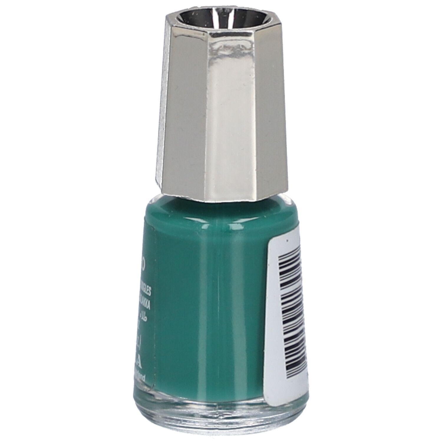 Dos d'un flacon de vernis à ongles vert avec bouchon argenté. Code-barres.