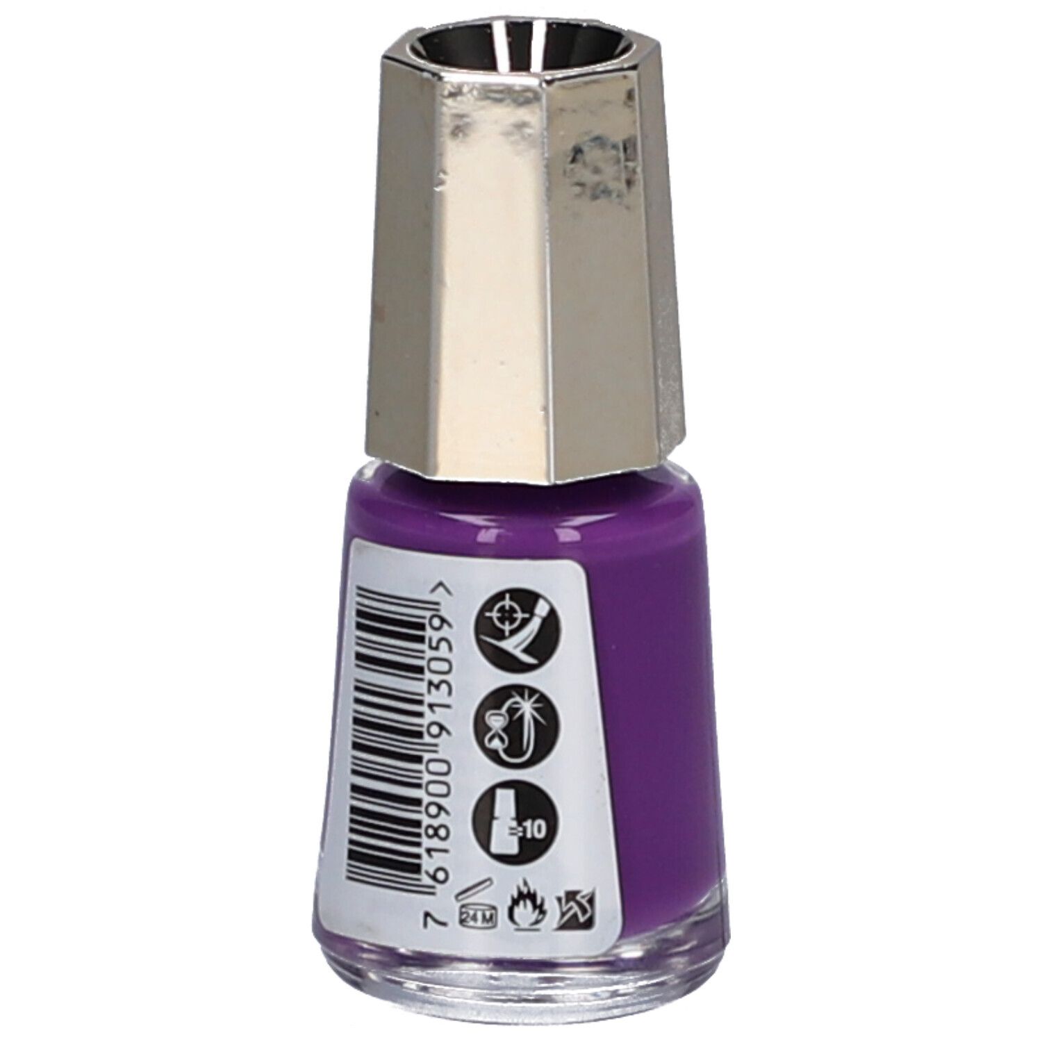 Dos d'un flacon de vernis à ongles violet avec bouchon argenté. Code-barres et pictogrammes.