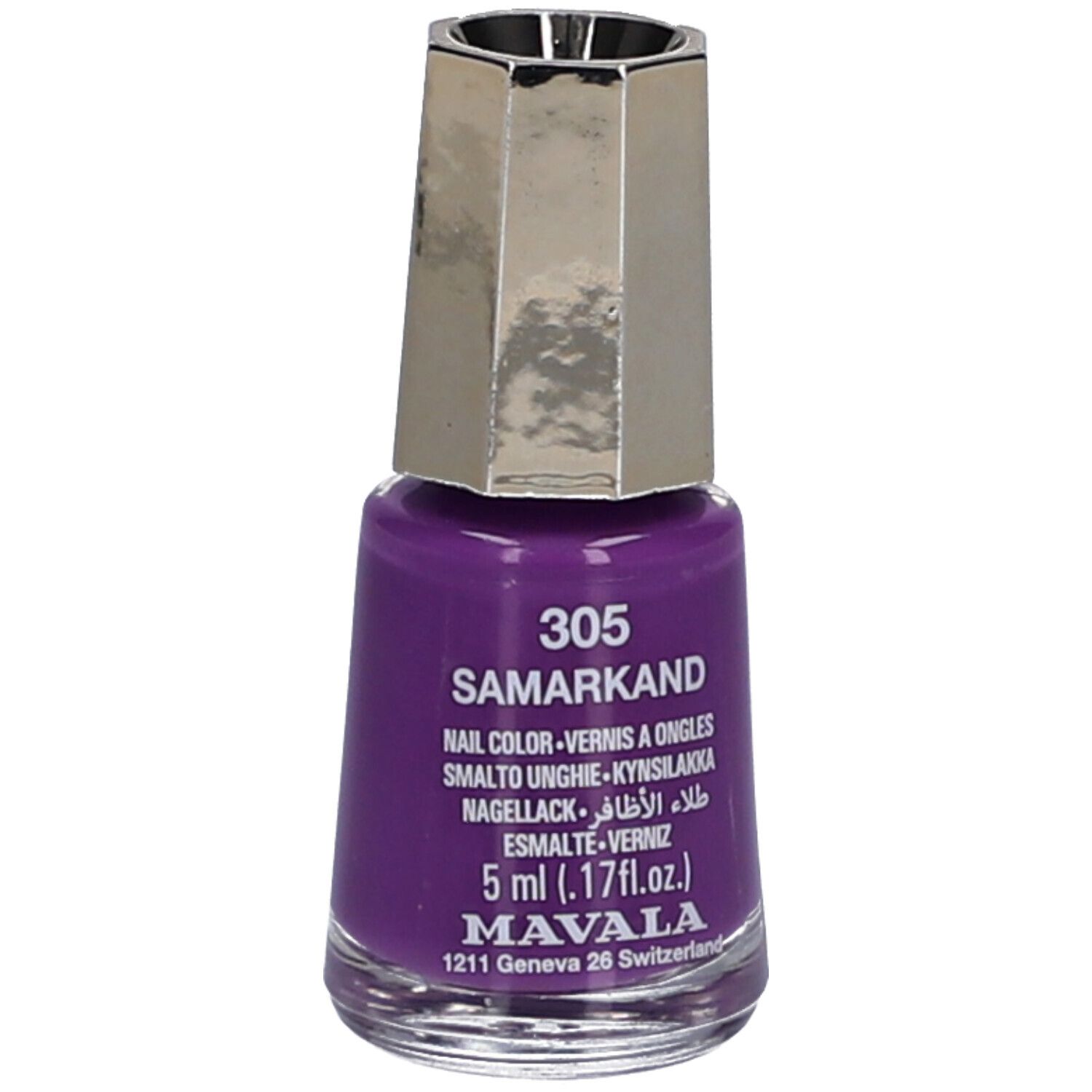 Flacon de vernis à ongles violet avec bouchon argenté. Inscription : 305 SAMARKAND, vernis à ongles, 5 ml, MAVALA.