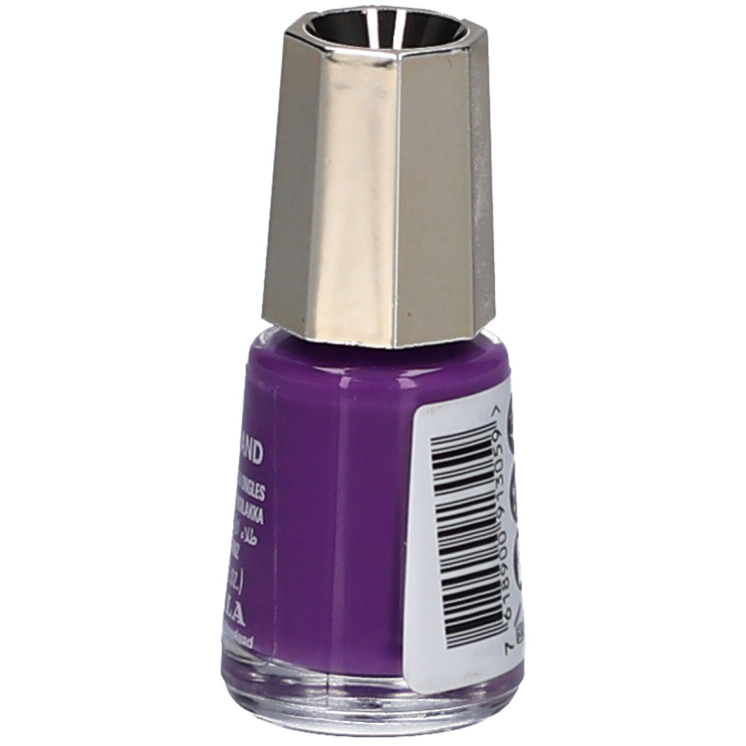 Dos d'un flacon de vernis à ongles violet avec bouchon argenté. Code-barres et pictogrammes.