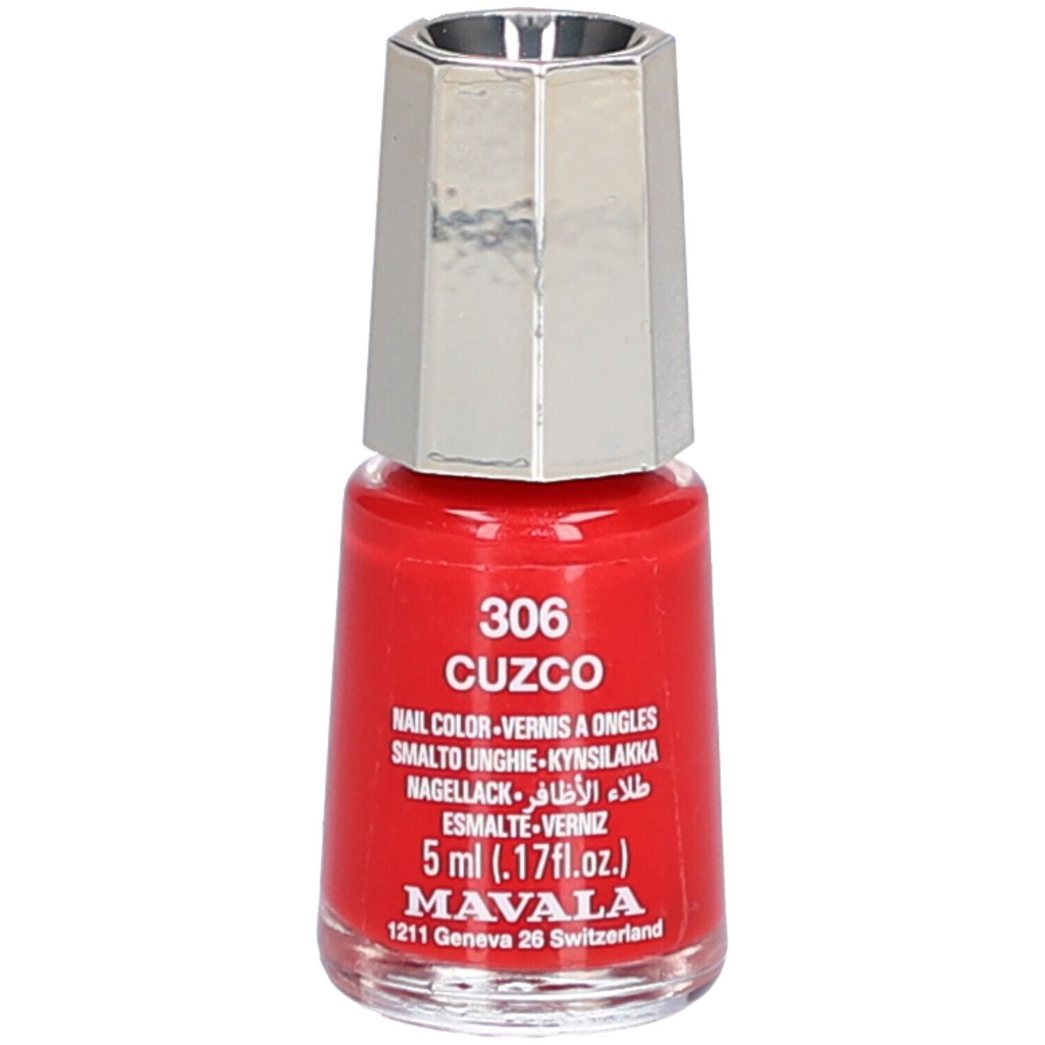 Flacon de vernis à ongles rouge, bouchon argenté. Inscription : 306 CUZCO, 5 ml, vernis à ongles.