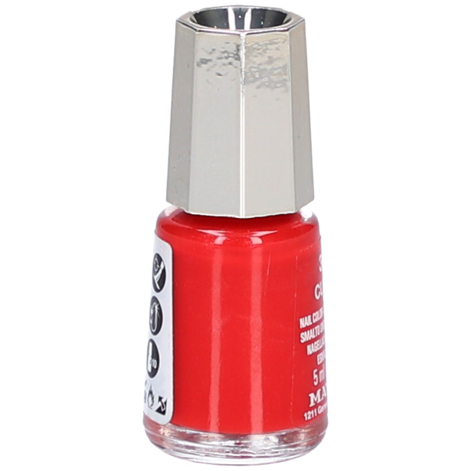 Flacon de vernis à ongles rouge avec bouchon argenté. Autocollant avec symboles et texte. 5 ml.