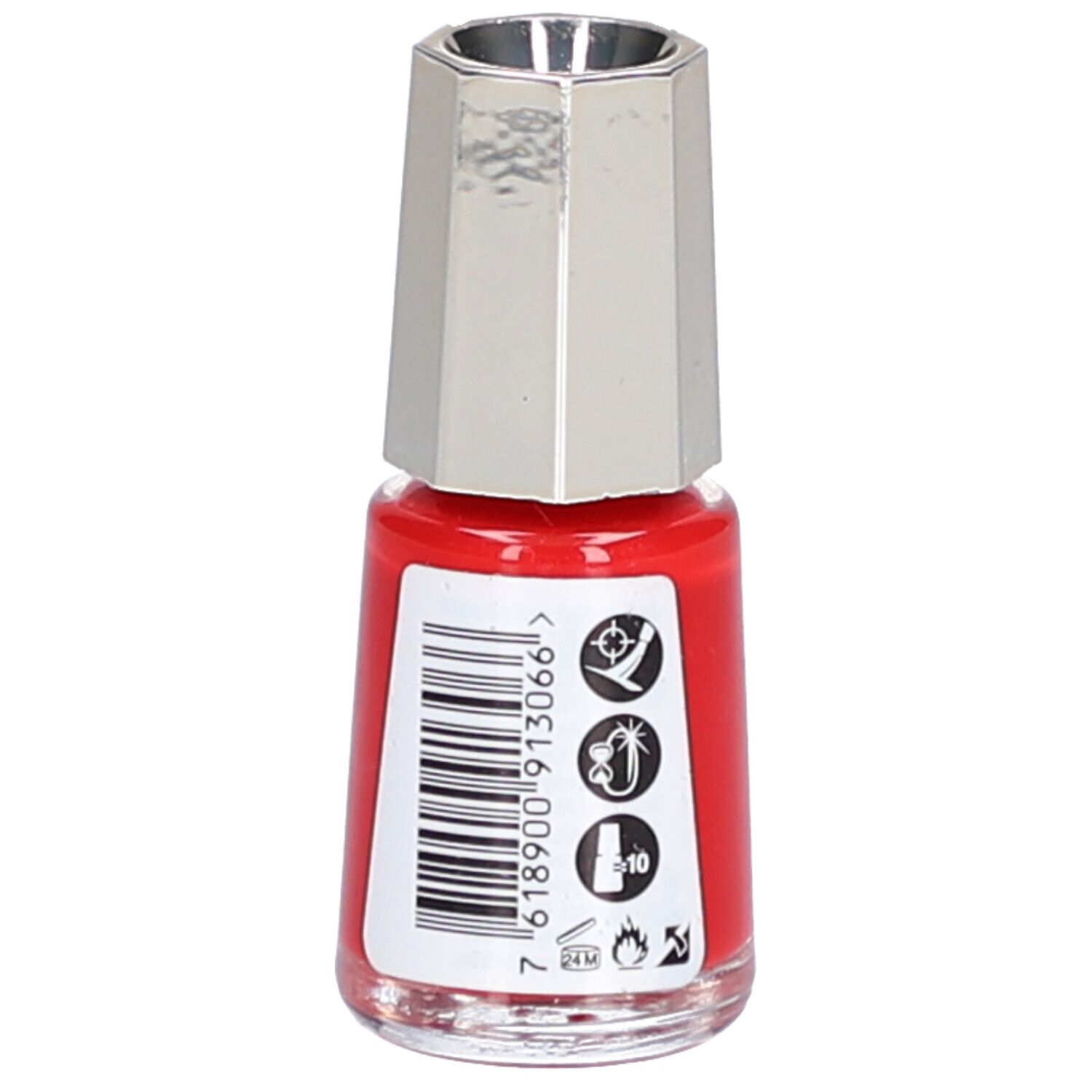 Flacon de vernis à ongles rouge avec bouchon argenté. Autocollant avec code-barres et symboles. 5 ml.