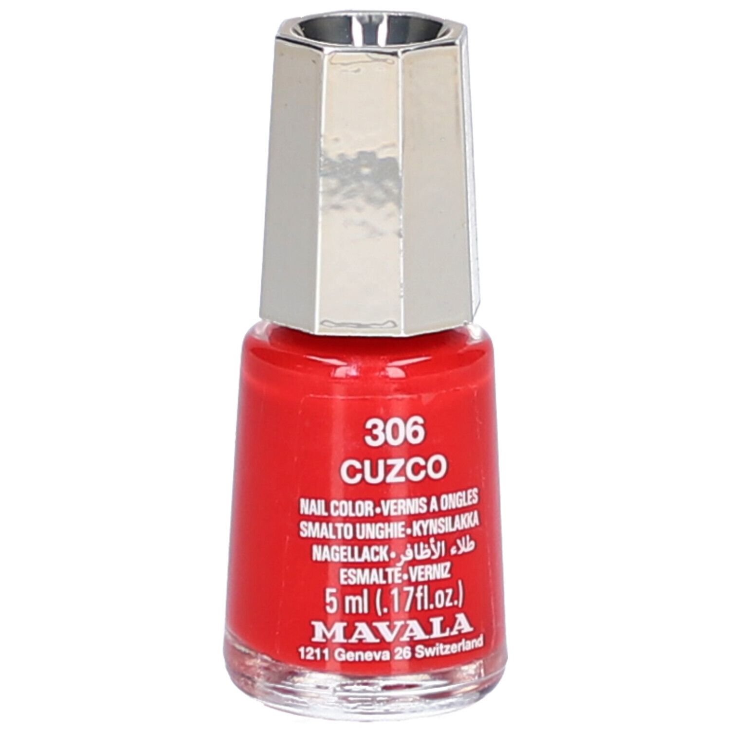 Flacon de vernis à ongles rouge, bouchon argenté. Inscription : 306 CUZCO, 5 ml, vernis à ongles.