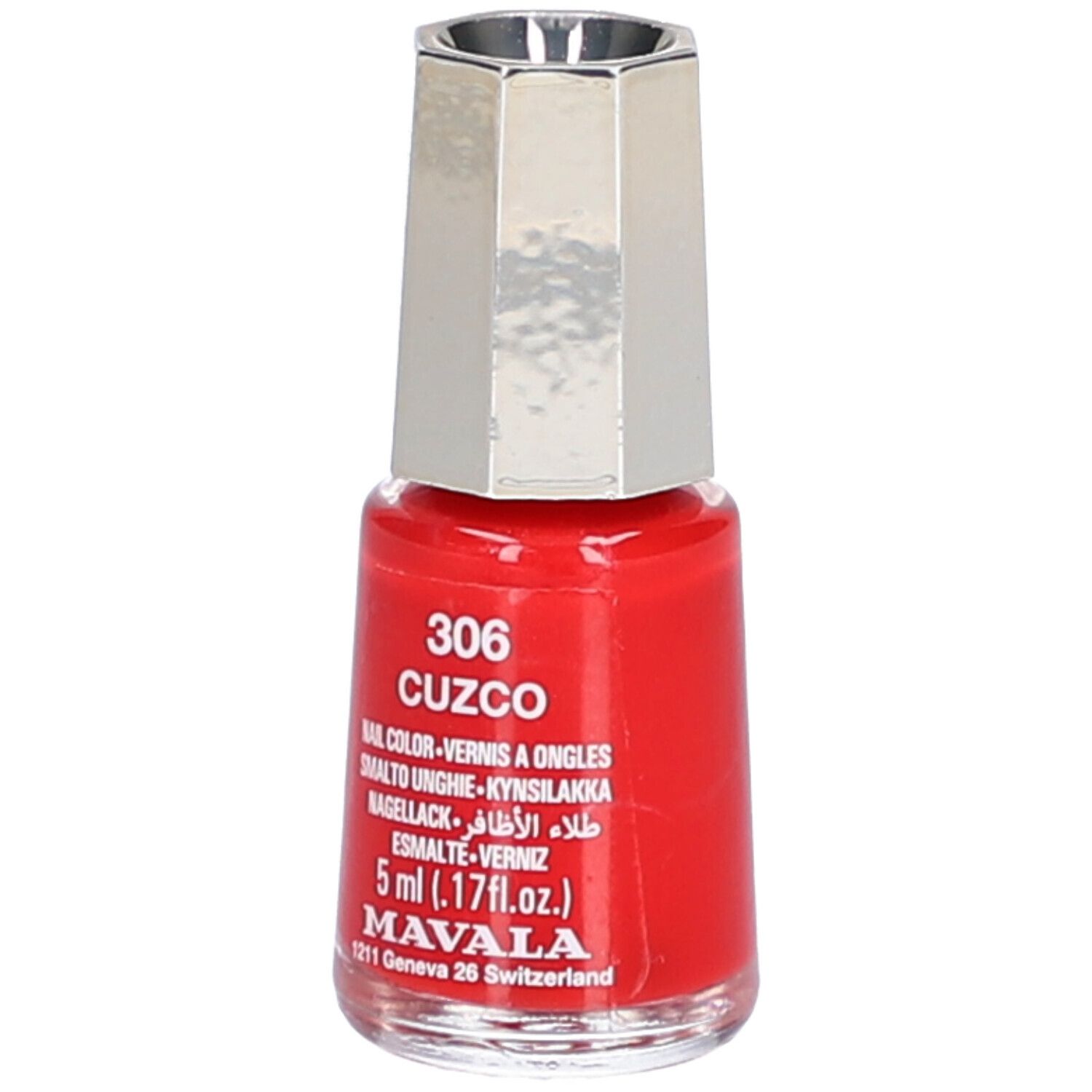 Flacon de vernis à ongles rouge, bouchon argenté. Inscription : 306 CUZCO, 5 ml, vernis à ongles.