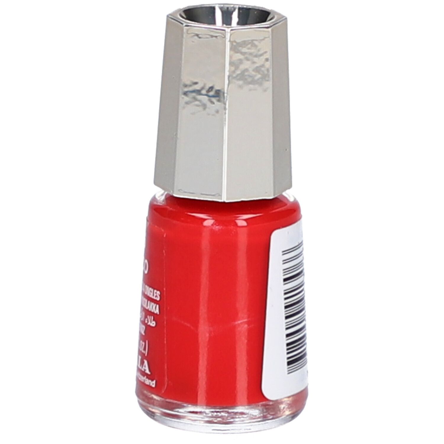 Flacon de vernis à ongles rouge avec bouchon argenté. Autocollant avec texte et code-barres. 5 ml.