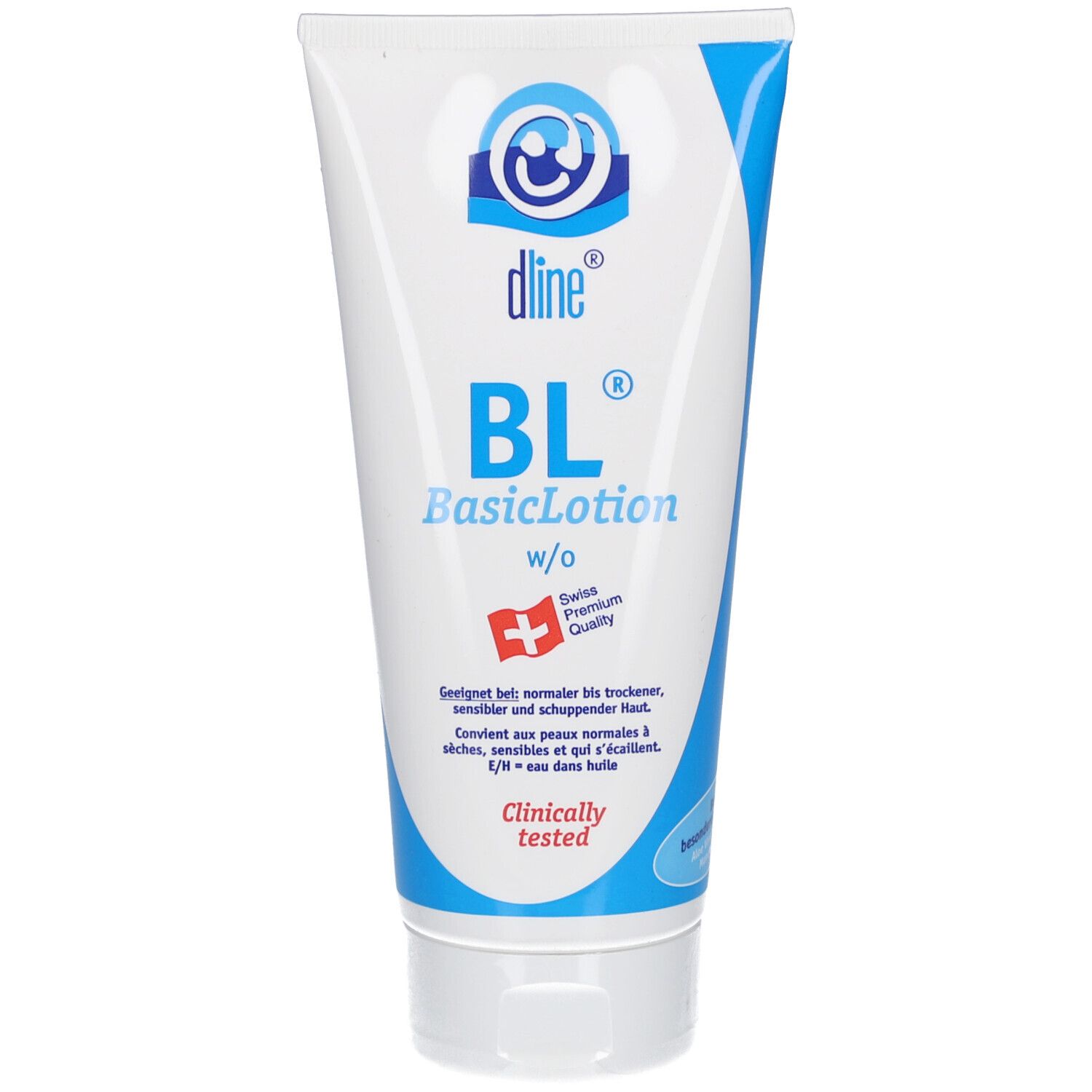 Tube blanc avec bouchon bleu. Inscription: dline BL BasicLotion. Croix suisse. Texte: Clinically tested. Pour peaux normales à sèches.