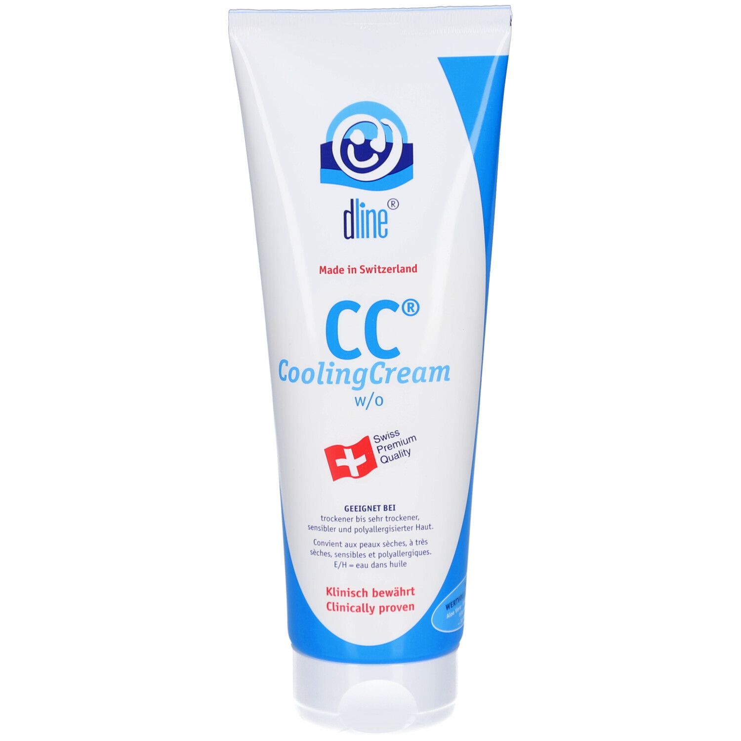Tube blanche, design bleu. Inscription: dline CC CoolingCream w/o. Croix suisse et texte. Cliniquement prouvé.