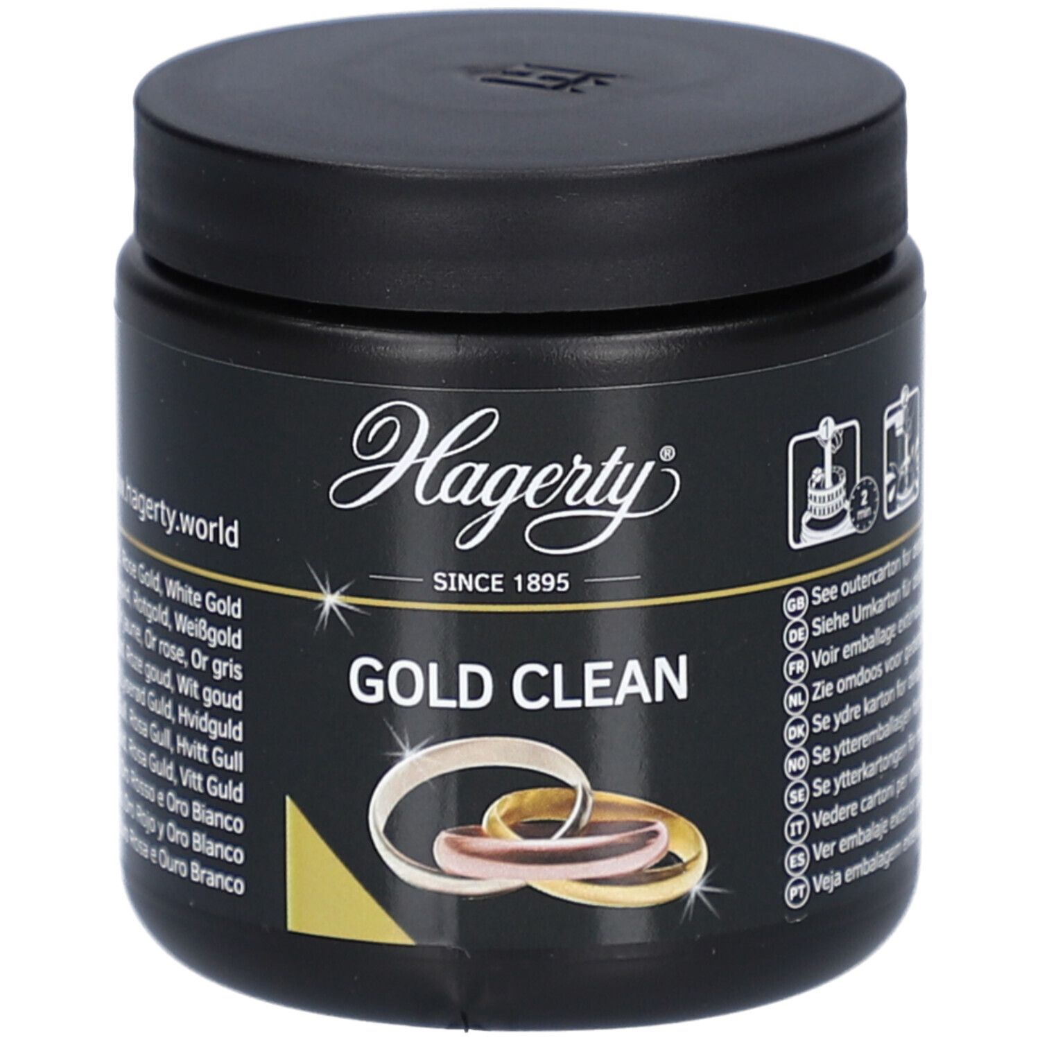 Boîte noire avec couvercle. Inscription "Hagerty GOLD CLEAN". Illustration d'anneaux. Texte multilingue.