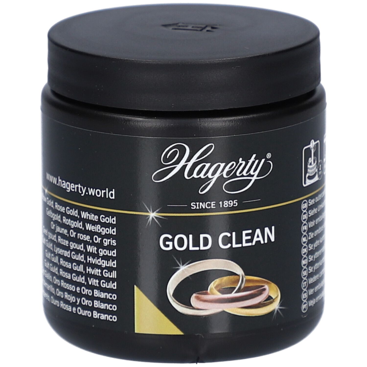 Boîte noire avec couvercle. Inscription "Hagerty GOLD CLEAN". Illustration d'anneaux. Texte multilingue.