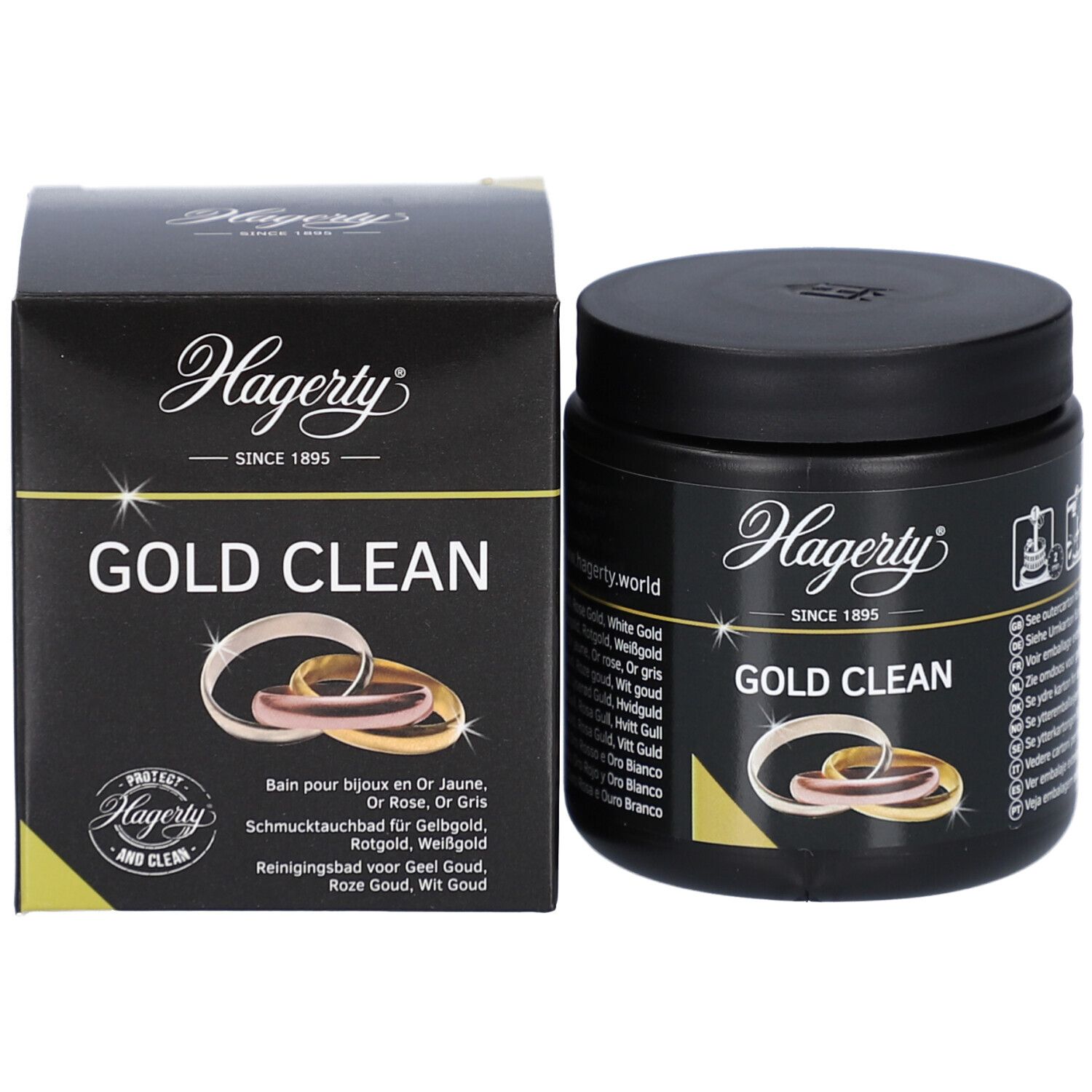 Boîte noire et emballage. Inscription "Hagerty GOLD CLEAN". Illustration d'anneaux. Texte multilingue.