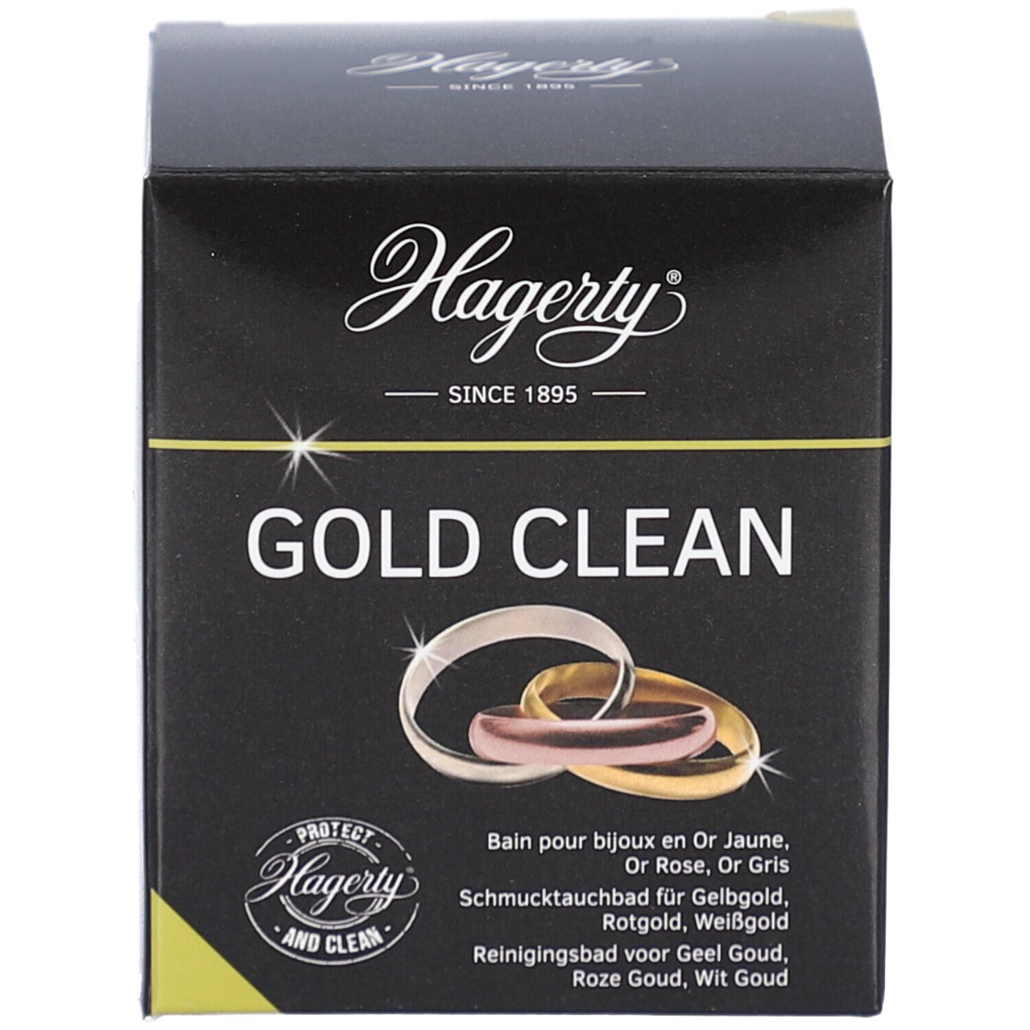 Boîte noire. Inscription "Hagerty GOLD CLEAN". Illustration d'anneaux. Texte multilingue.