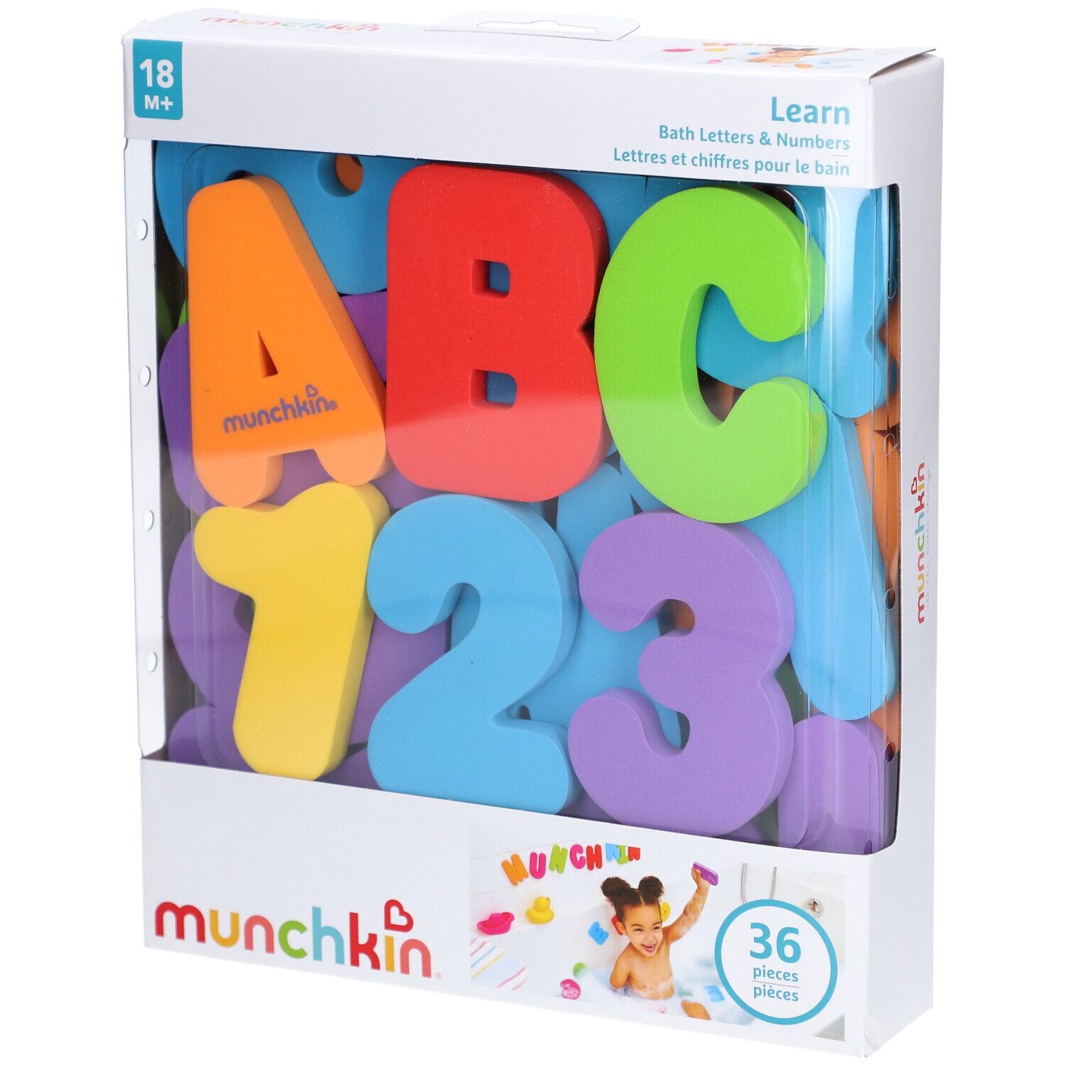 Verpakking met gekleurde letters en cijfers. Bevat 36 stuks. Merk: munchkin. Zichtbare letters: A, B, C. Zichtbare cijfers: 1, 2, 3.