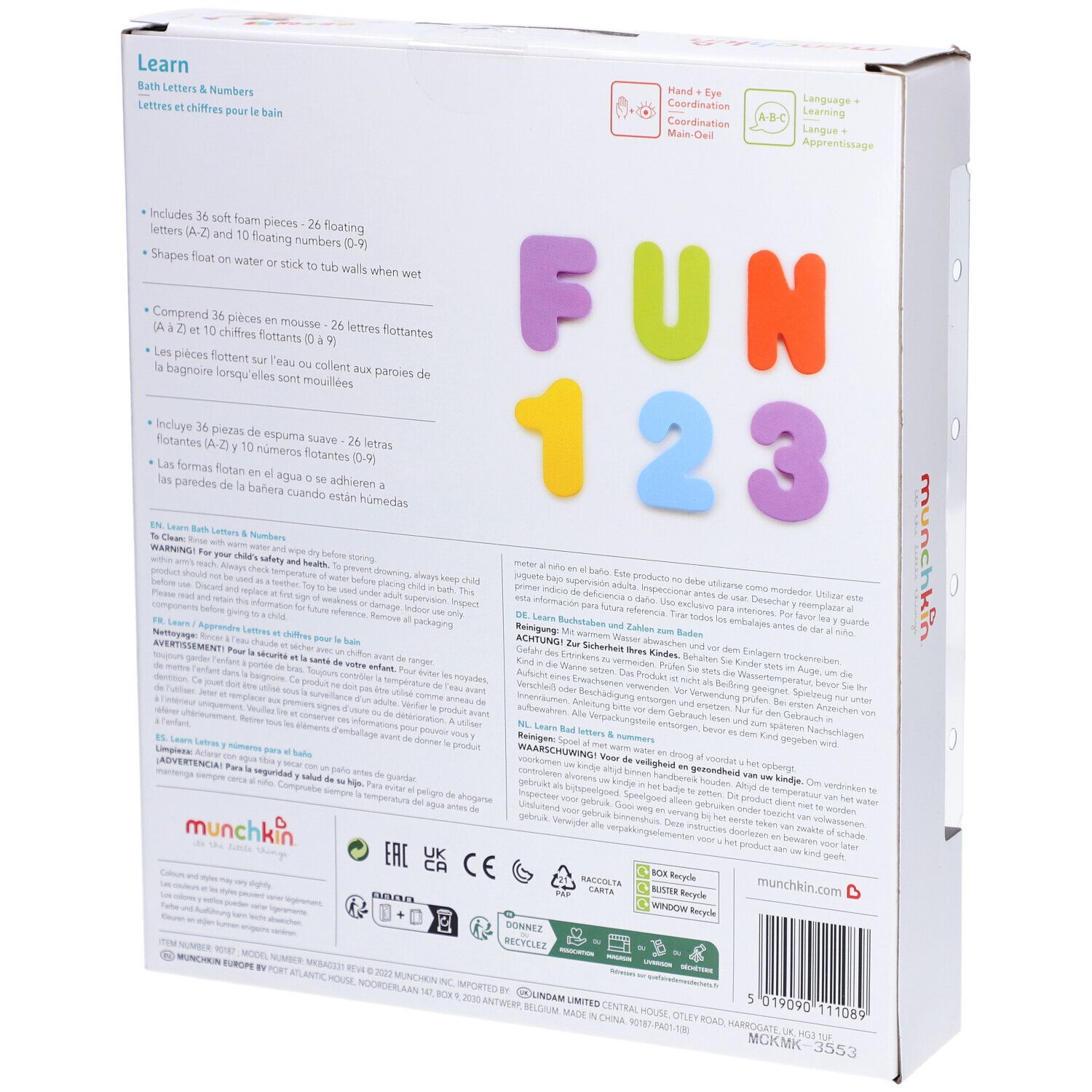 Achterkant van de verpakking met tekst en illustraties. Bevat 36 stuks. Merk: munchkin. Bevat letters en cijfers.