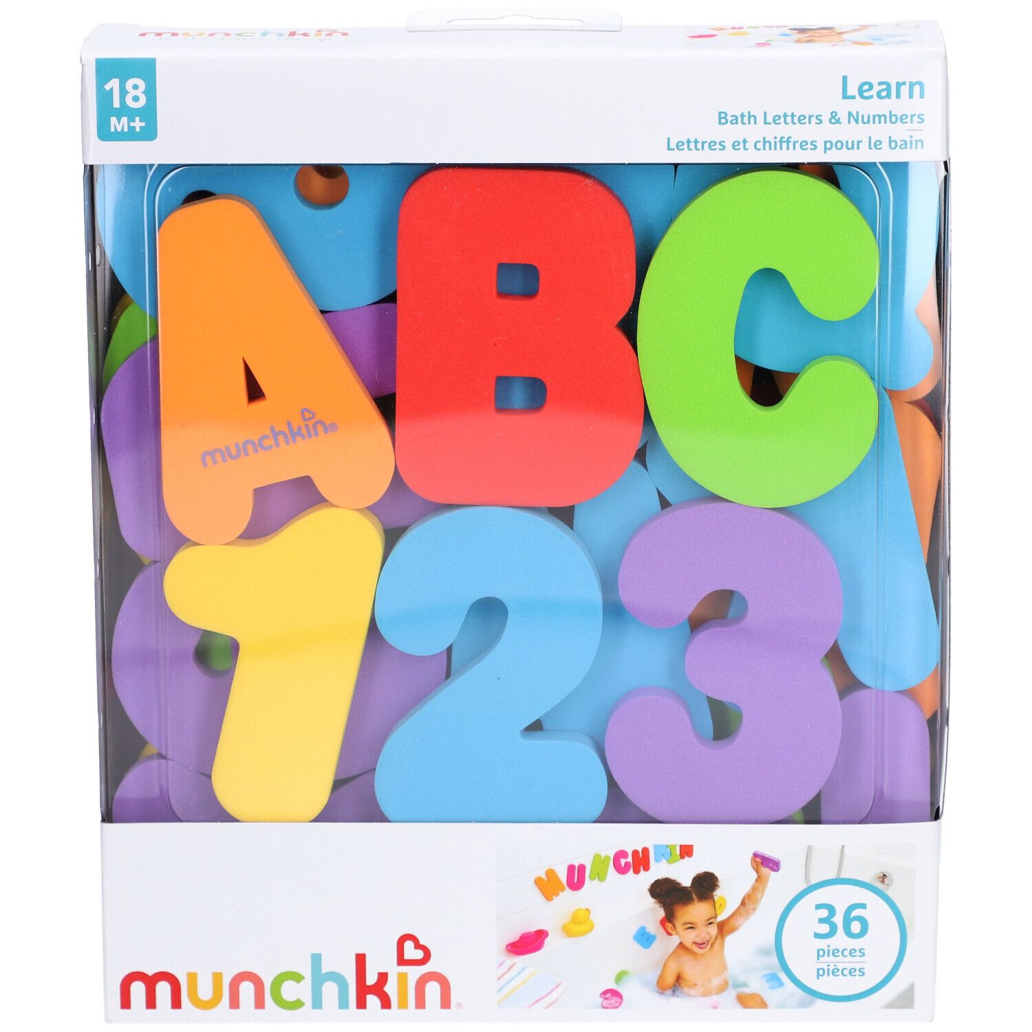 Verpakking met letters en cijfers. Bevat 36 stuks. Merk: munchkin. Letters: A, B, C. Cijfers: 1, 2, 3. Aanbevolen leeftijd: 18M+.