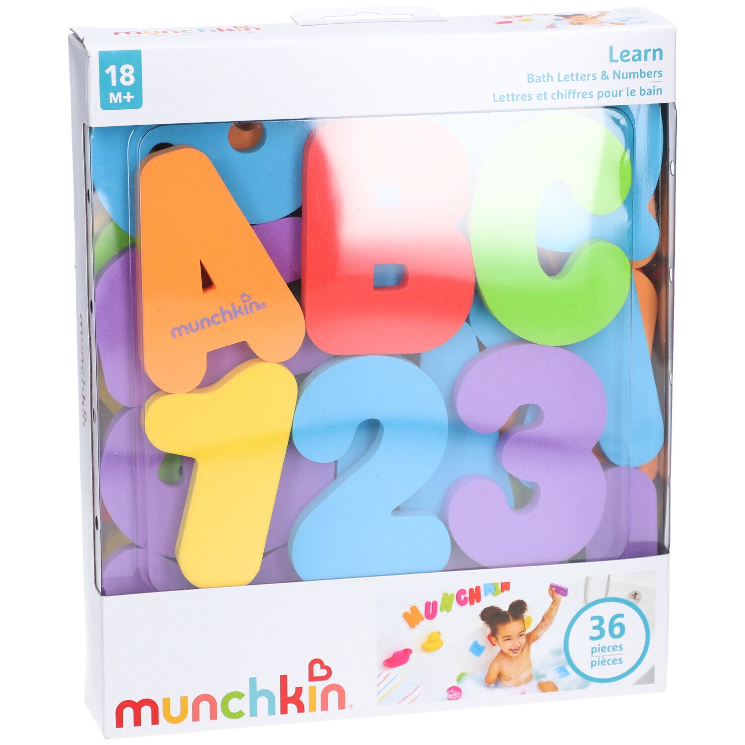 Verpakking met letters en cijfers. Bevat 36 stuks. Merk: munchkin. Letters: A, B, C. Cijfers: 1, 2, 3. Aanbevolen leeftijd: 18M+.
