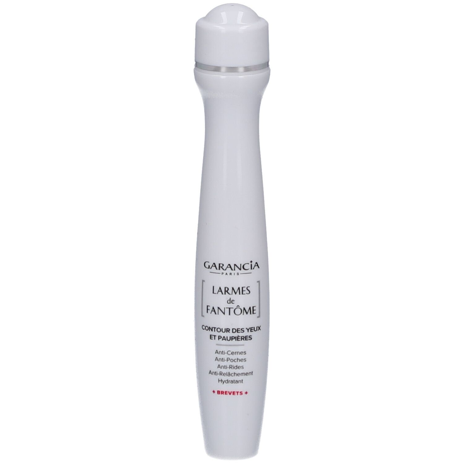 Witte roll-on voor de oogcontour. Tekst: GARANCIA, LARMES de FANTÔME, CONTOUR DES YEUX ET PAUPIÈRES.