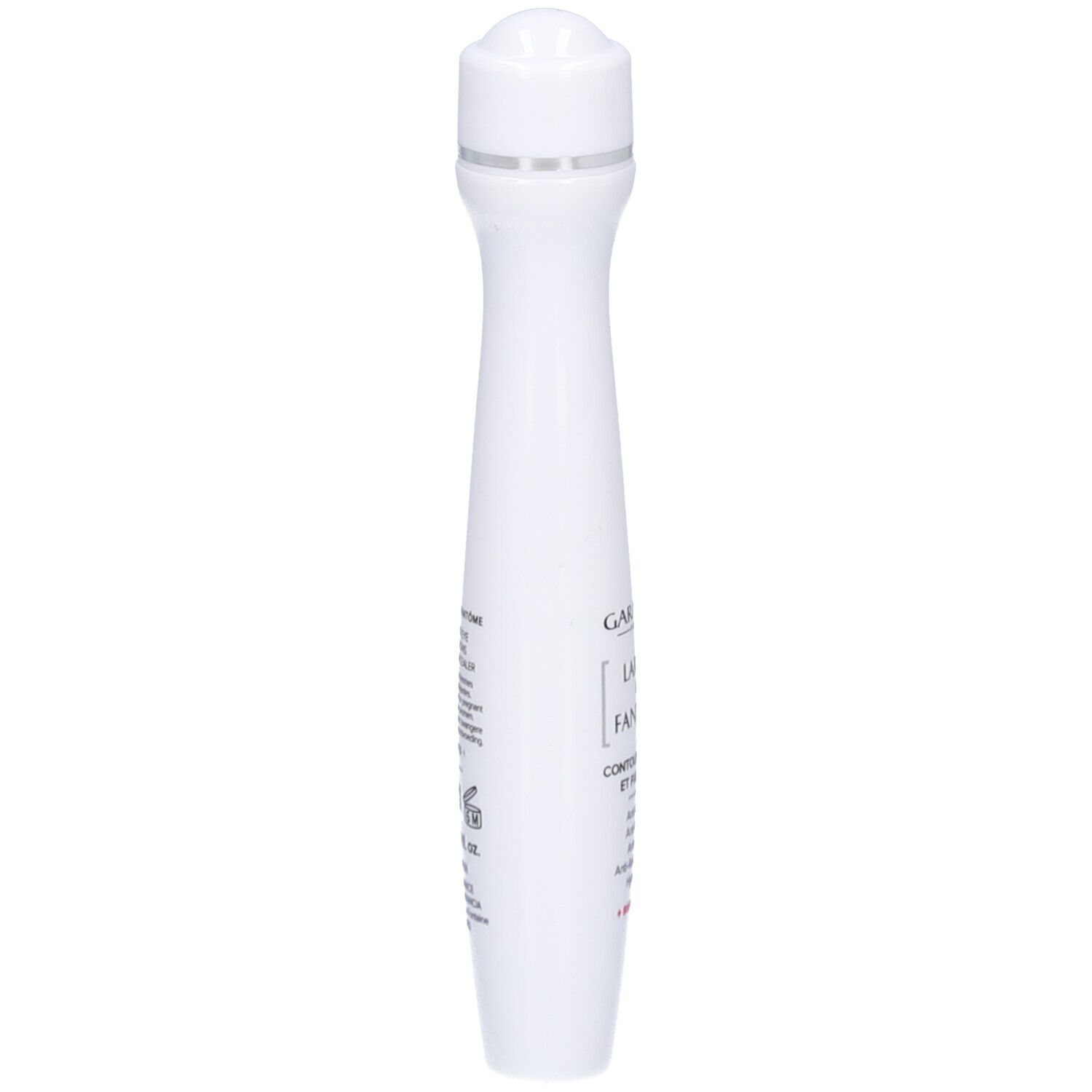 Witte roll-on voor de oogcontour. Opschrift: GARANCIA, LARMES de FANTÔME, CONTOUR DES YEUX ET PAUPIÈRES.