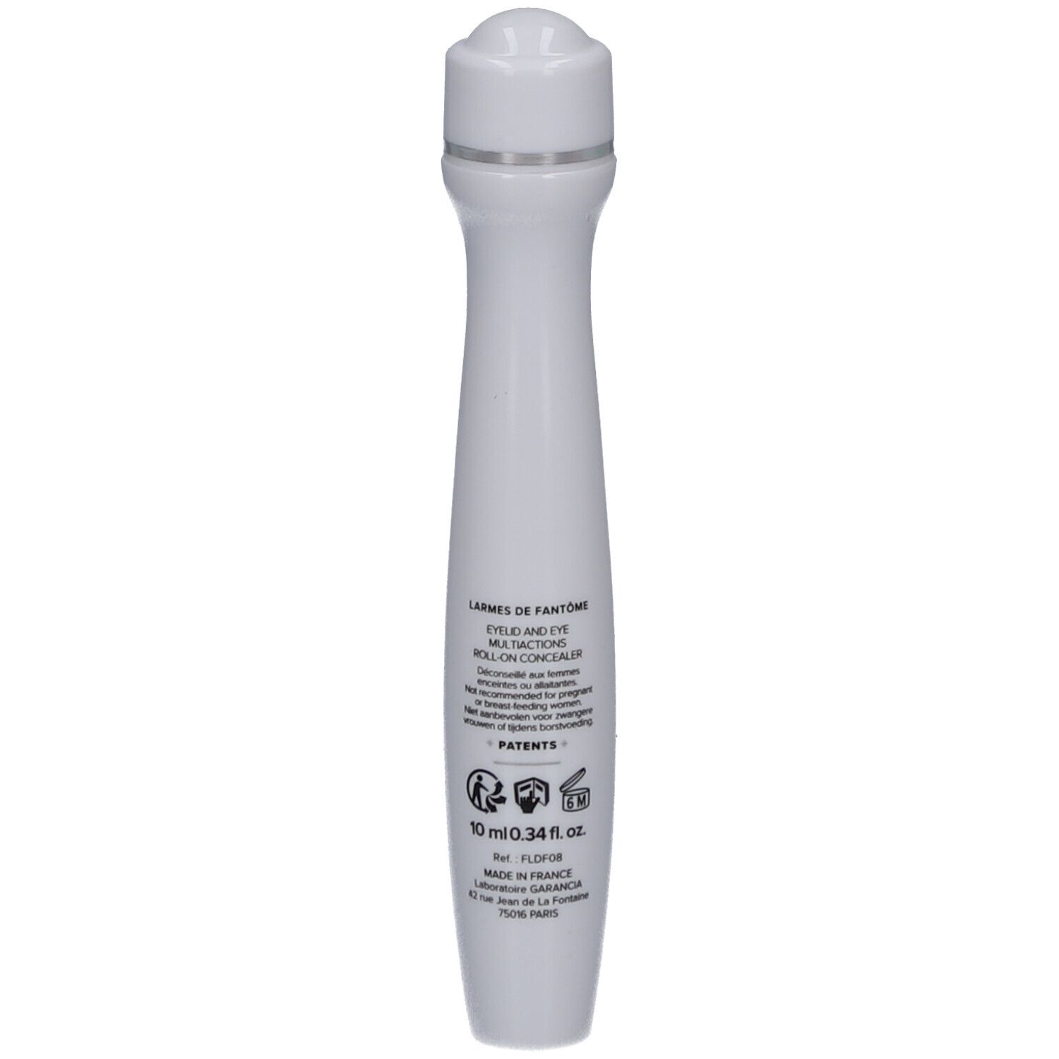Witte roll-on voor de oogcontour. Opschrift: LARMES de FANTÔME, 10 ml, MADE IN FRANCE.