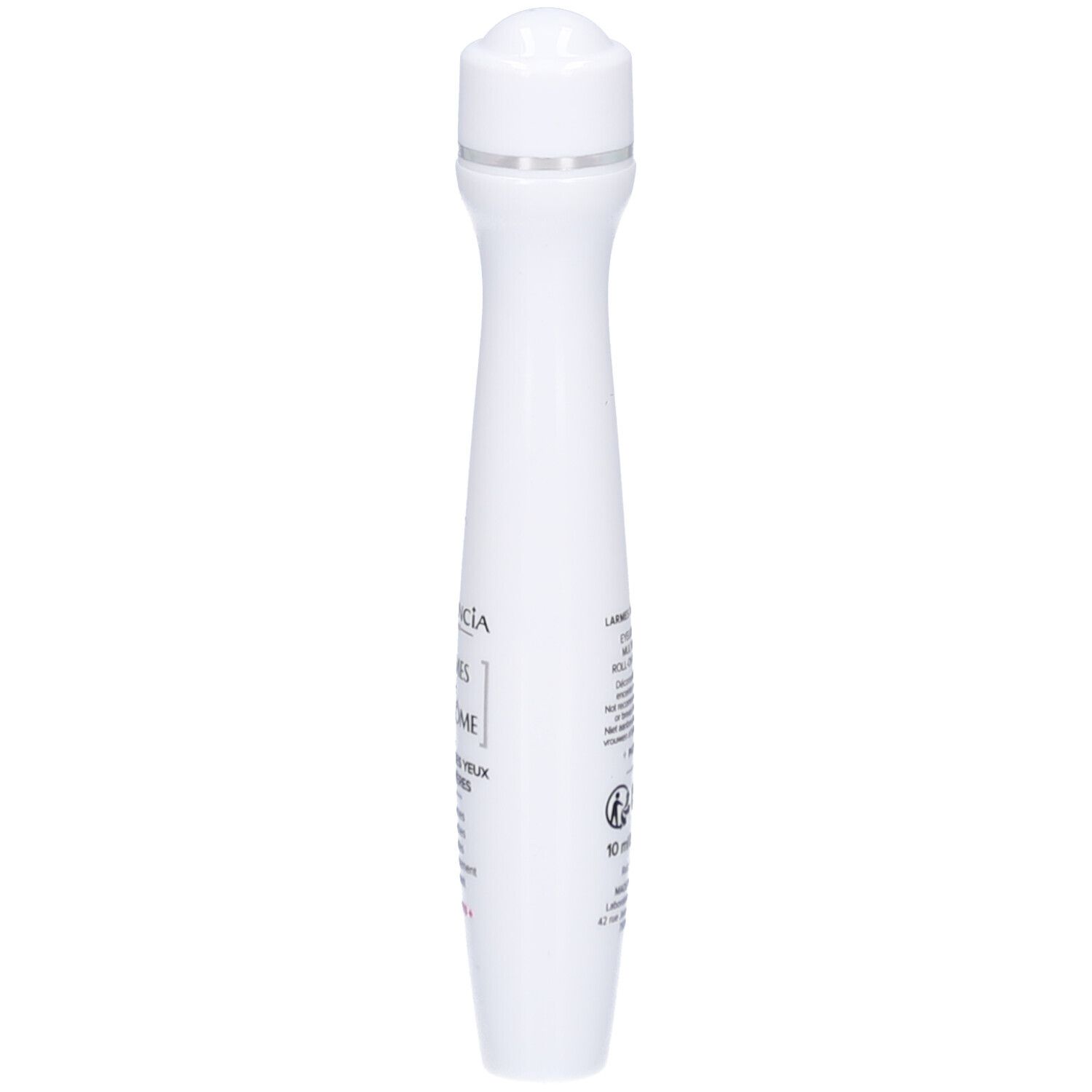 Witte roll-on voor de oogcontour. Opschrift: GARANCIA, LARMES de FANTÔME, 10 ml, MADE IN FRANCE.