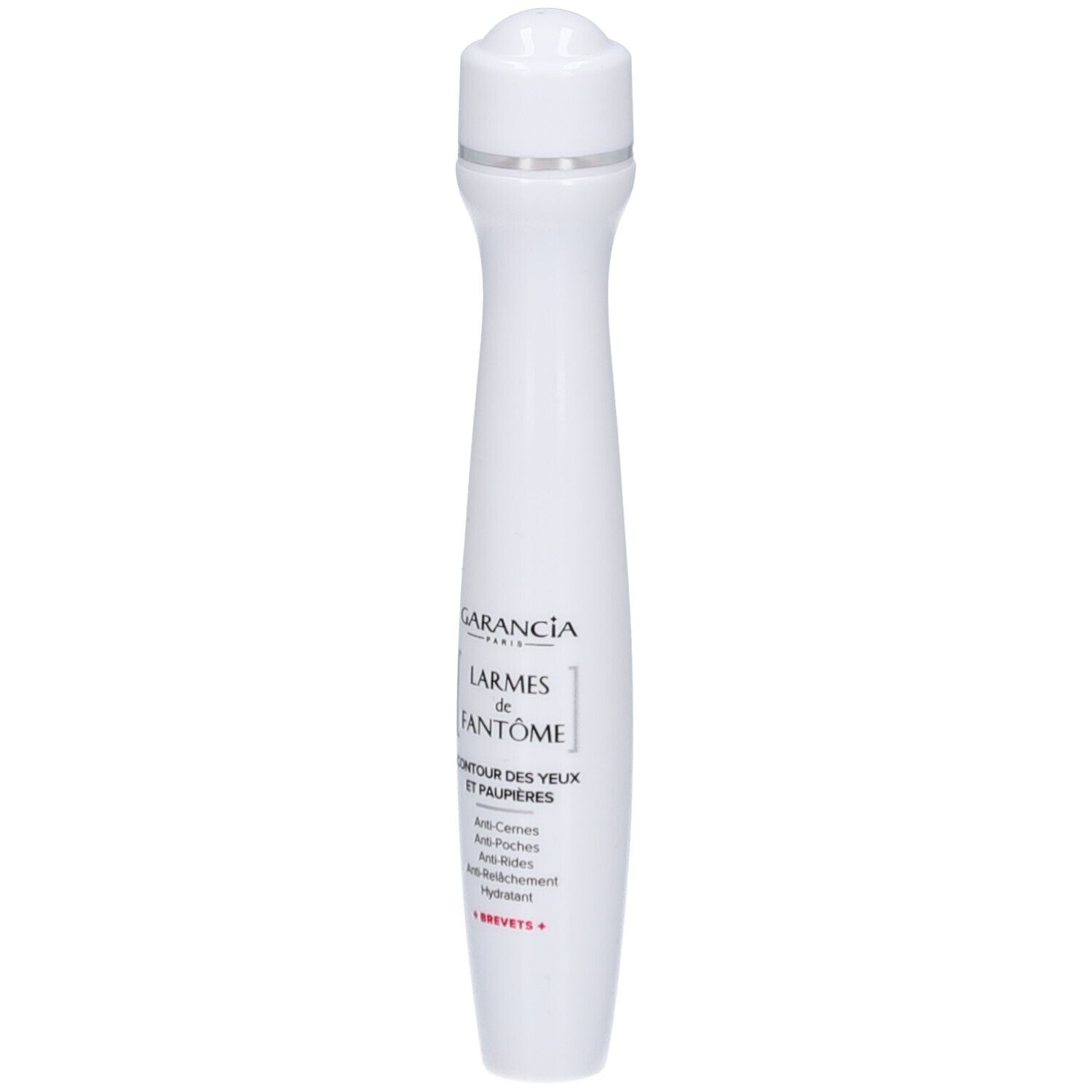 Witte roll-on voor de oogcontour. Tekst: GARANCIA, LARMES de FANTÔME, CONTOUR DES YEUX ET PAUPIÈRES.