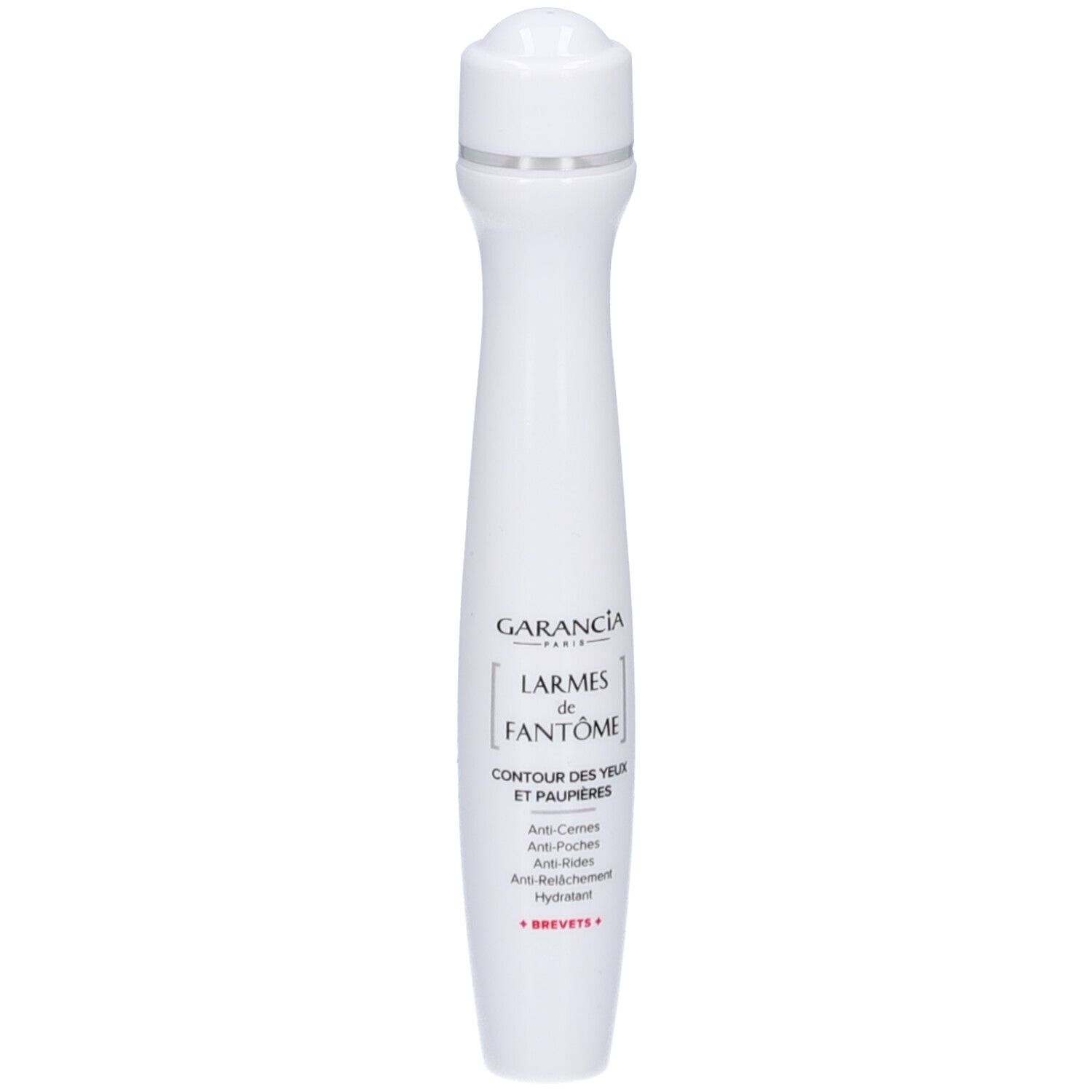 Witte roll-on voor de oogcontour. Tekst: GARANCIA, LARMES de FANTÔME, CONTOUR DES YEUX ET PAUPIÈRES.