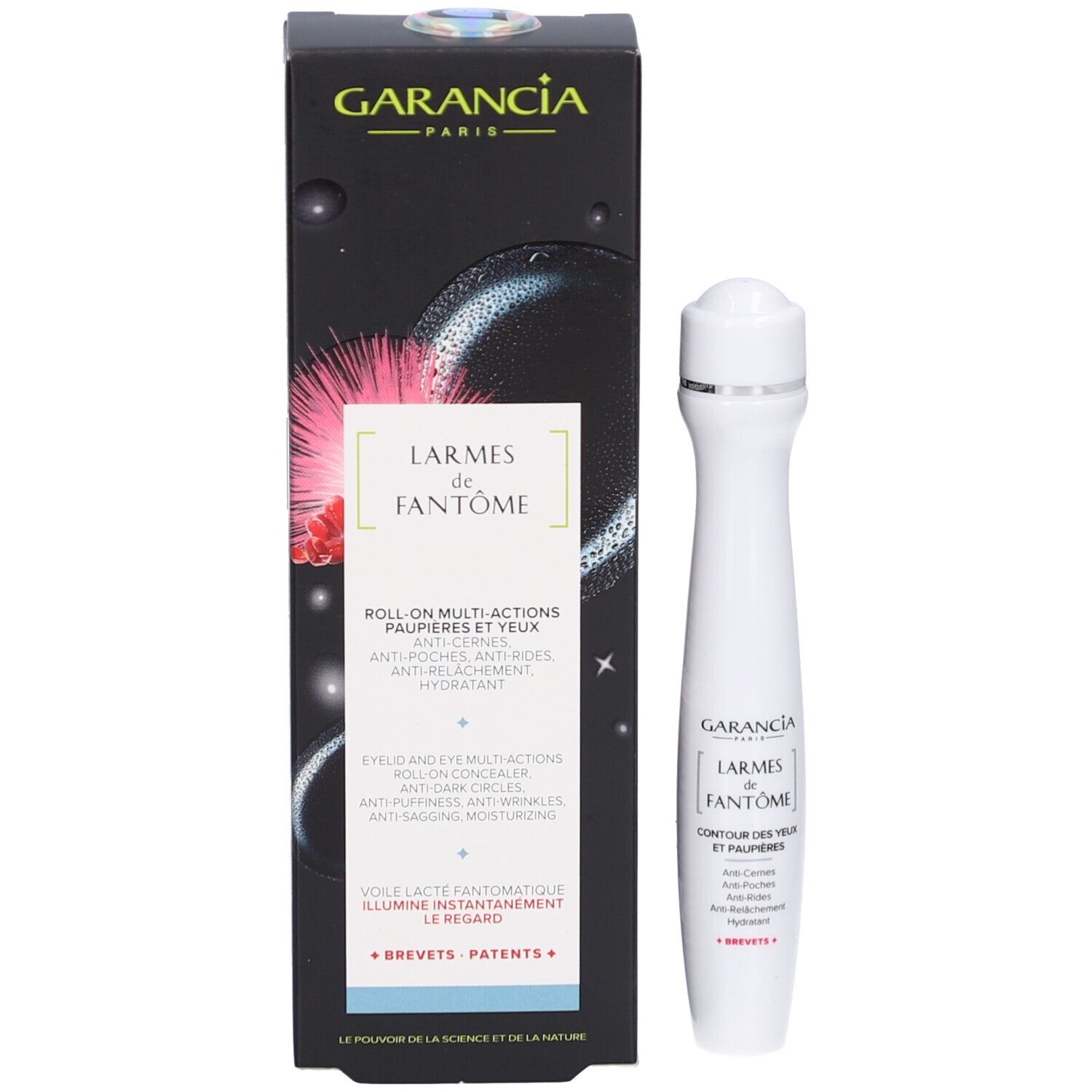 Verpakking en roll-on voor de oogcontour. Opschrift: GARANCIA, LARMES de FANTÔME, ROLL-ON MULTI-ACTIONS.