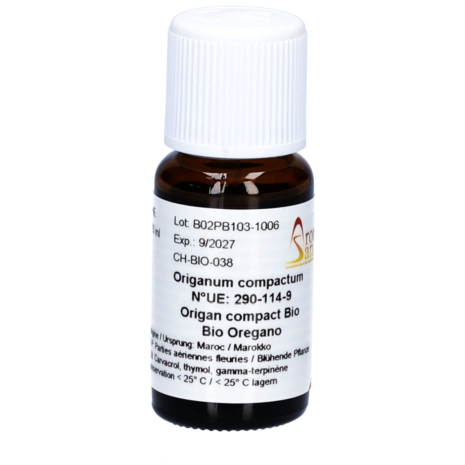 Bruine glazen fles met witte dop. Etiket met productinformatie en de naam "Aromasan". Bevat oregano-olie.