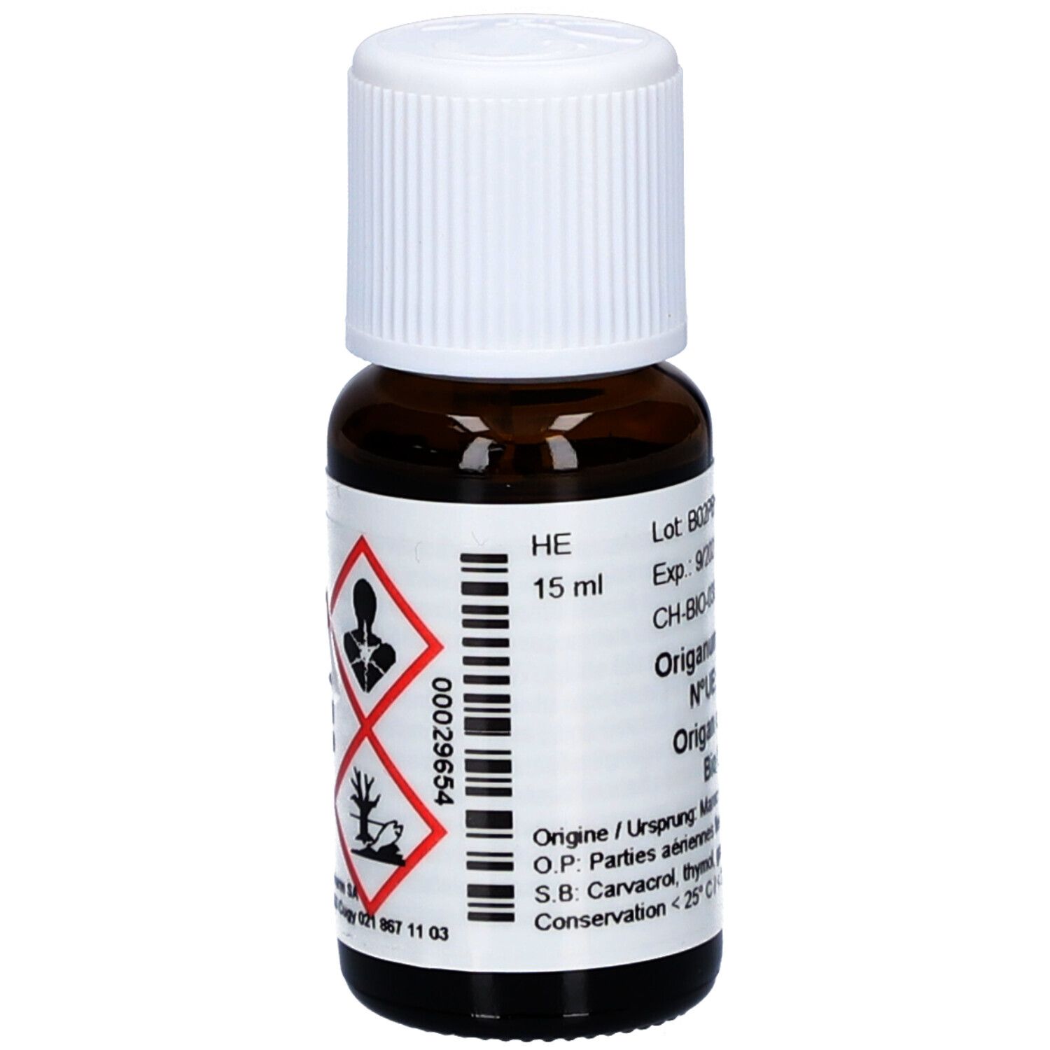 Bruine glazen fles met witte dop. Etiket met gevaarsymbolen en productinformatie. Bevat 15 ml.