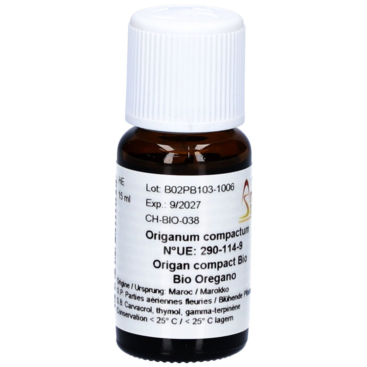 Bruine glazen fles met witte dop. Etiket met productinformatie en de naam "Aromasan". Bevat oregano-olie.