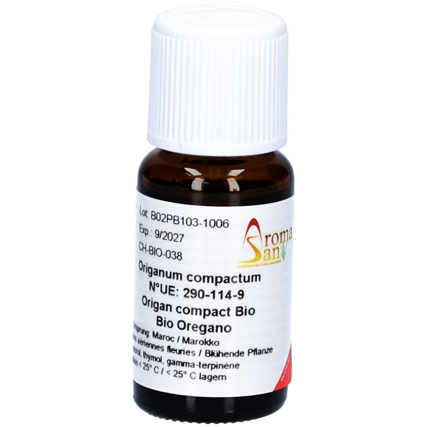 Bruine glazen fles met witte dop. Etiket met productinformatie en de naam "Aromasan". Bevat oregano-olie.