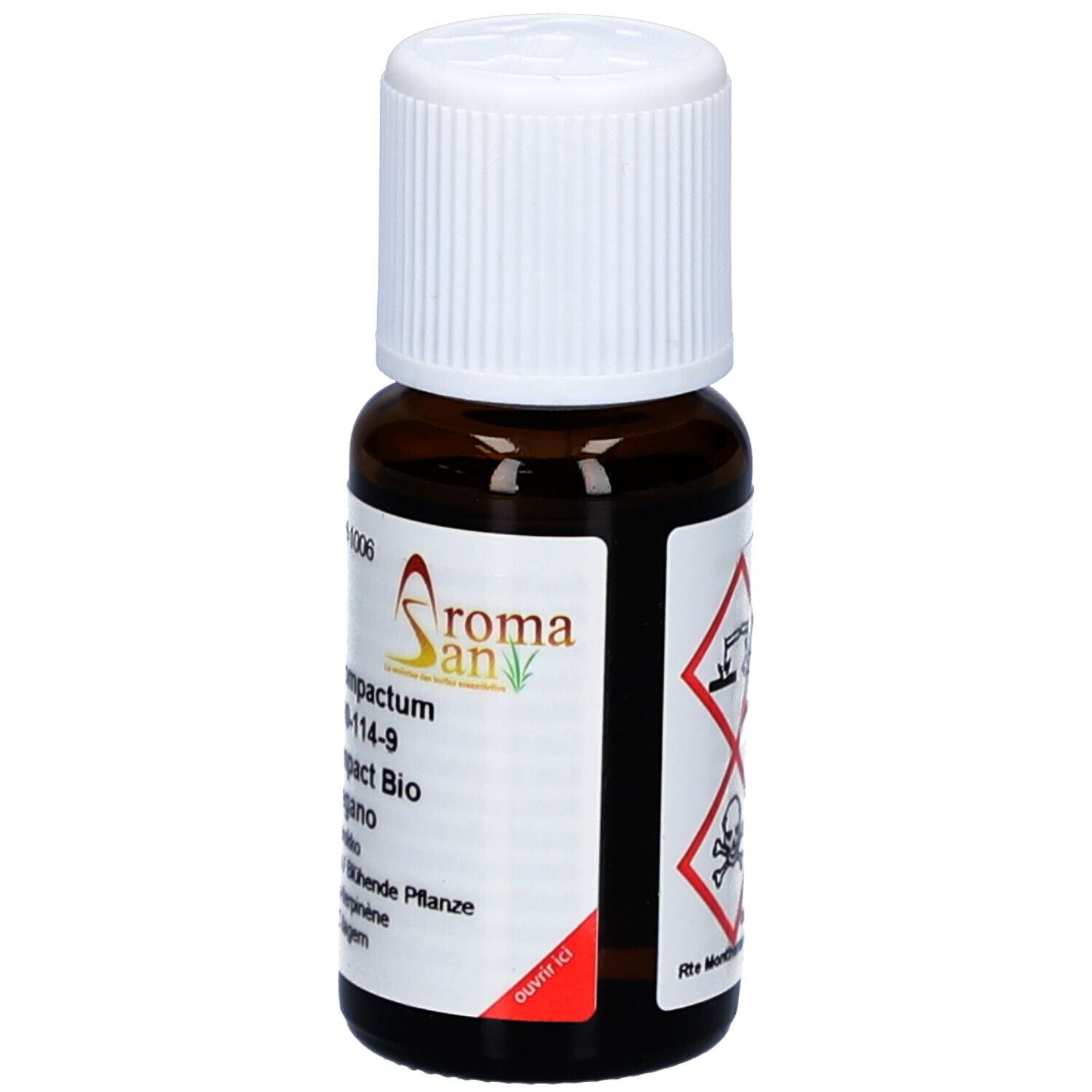 Bruine glazen fles met witte dop. Etiket met gevaarsymbolen en productinformatie. Bevat oregano-olie.