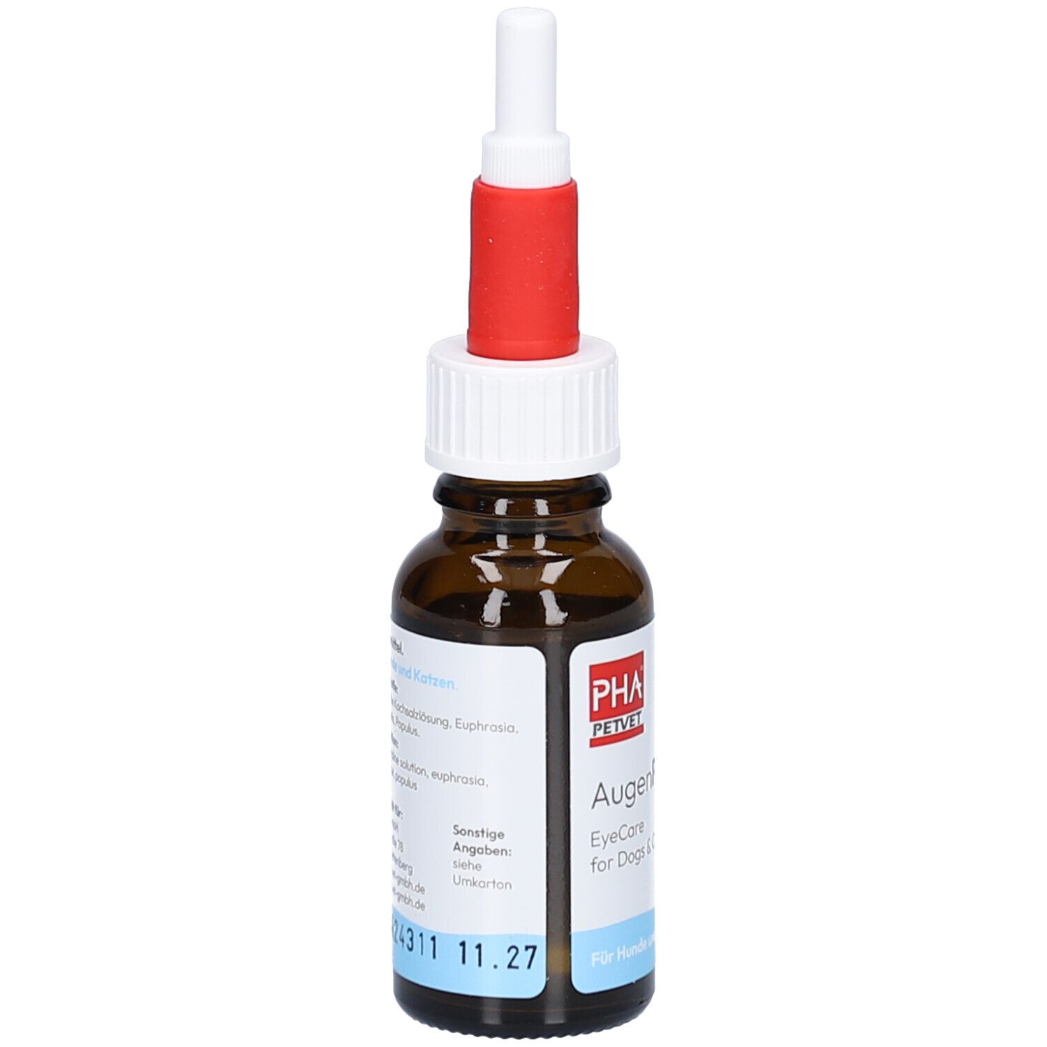 Flacon en verre brun avec bouchon blanc et rouge. Étiquette avec informations sur le produit. Gouttes pour chiens et chats.